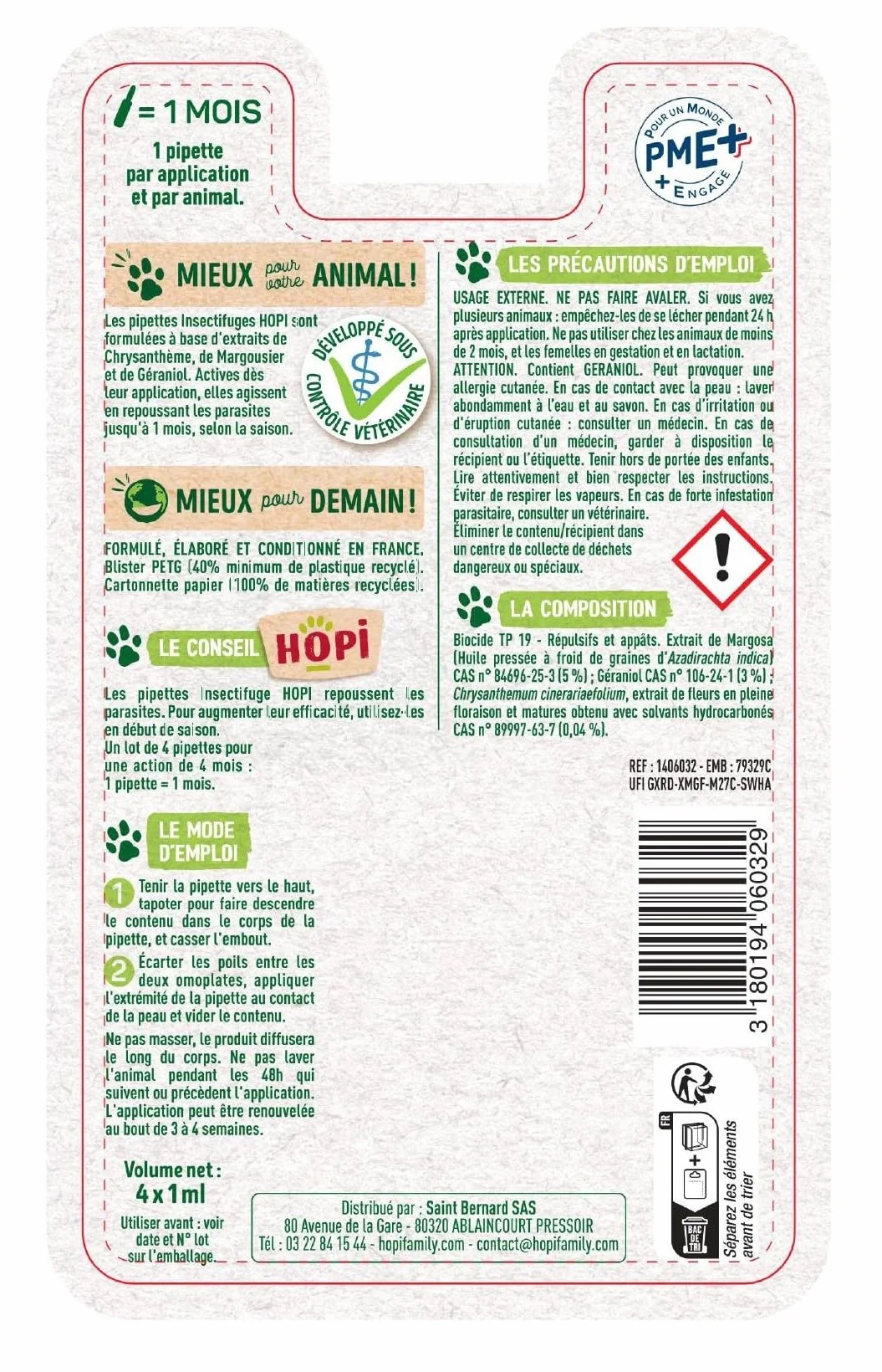 HOPI Pipette Anti Puces Chat 3-6 kg 4 Mois Protection Puces Tiques Moustiques Extraits Plantes Fabriqué France