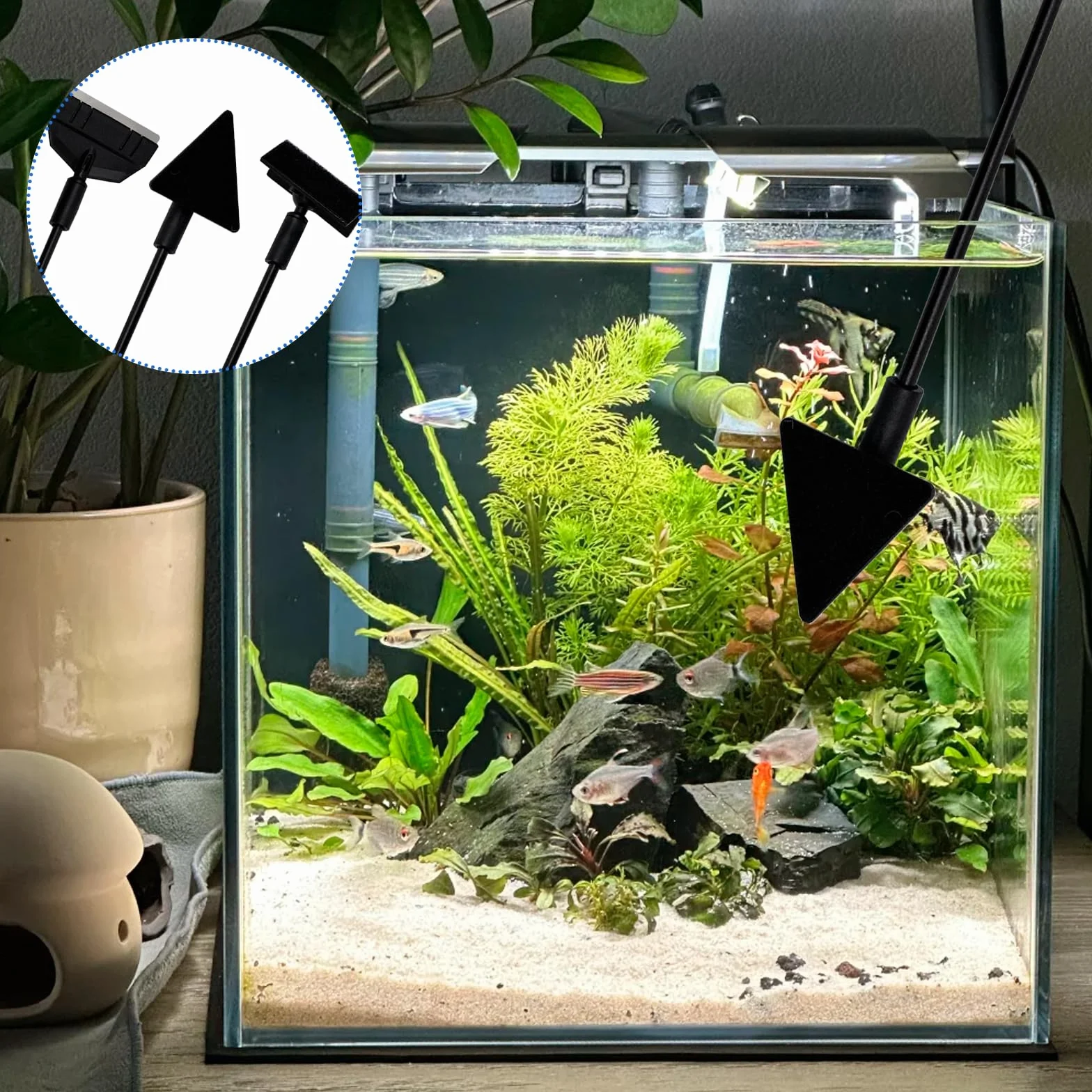 Kit de Nettoyage Aquarium 3-en-1 36 cm, Nettoyeur de Vitres avec Grattoir à Algues, Brosse Triangulaire et d’Angle pour Nano Aquariums