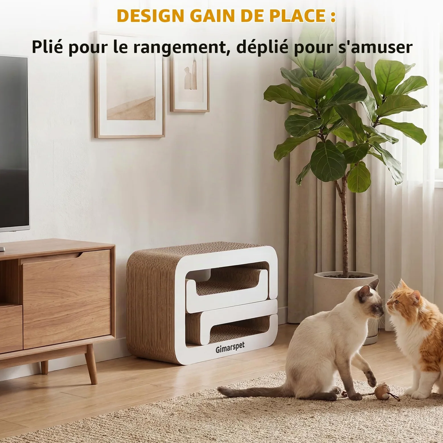 Gimars 75cm Griffoir pour Chat 3 en 1 XXL, Meuble Griffoir Chat Carton Élégant pour Foyer Multi-Chats, Design Vague Moderne, Imbriquable & Gain de Place Lounge