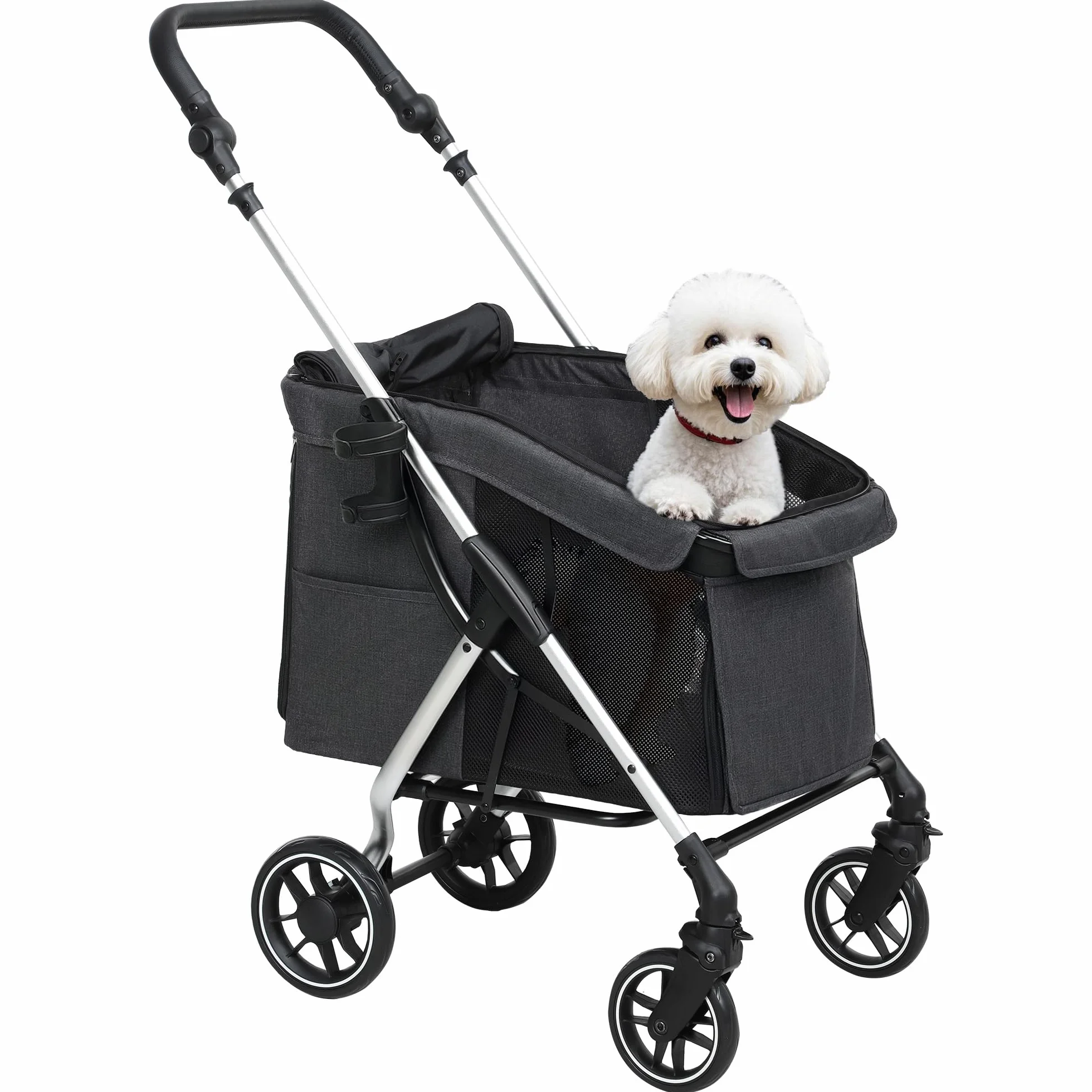 PawHut Poussette buggy pliable pour chien, porte-gobelets, laisse de sécurité, roues 360°, fenêtre à mailles, alliage d'aluminium, chariot chien chat petit miniature gris