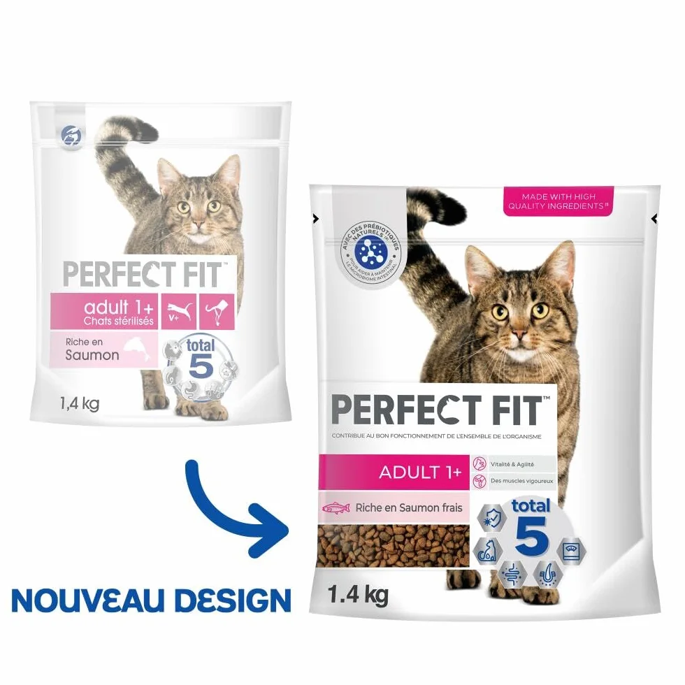 PERFECT FIT Adulte 1+ Croquettes chat stérilisé Saumon 1,4 kg Lot de 5