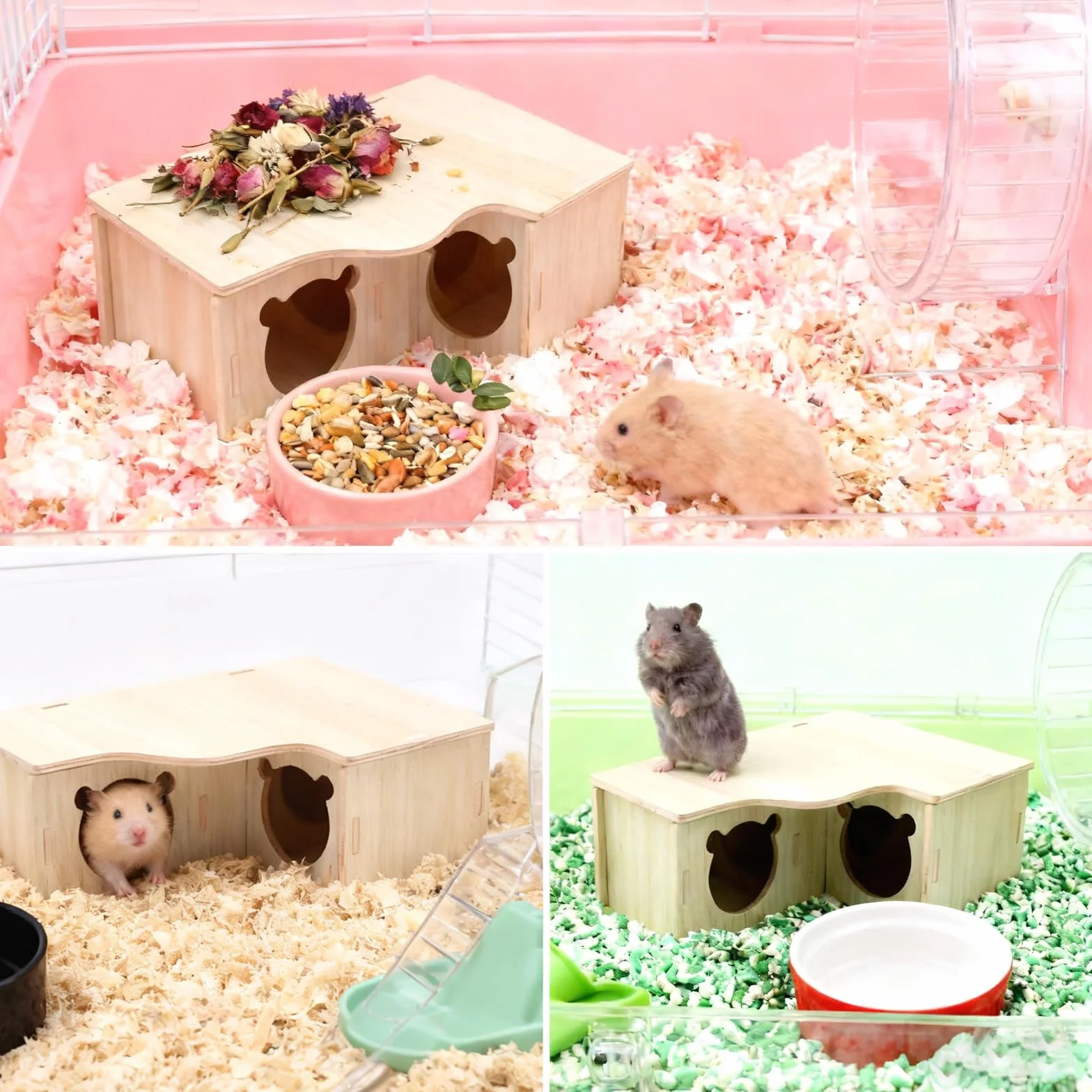 Maison Hamster Bois 3 pièces – Maison Hamster à Plusieurs Chambres résistante à l’Eau, cachette Hamster en Bois Naturelle et écologique, Maison Hamster Cage Facile à Nettoyer pour rongeurs
