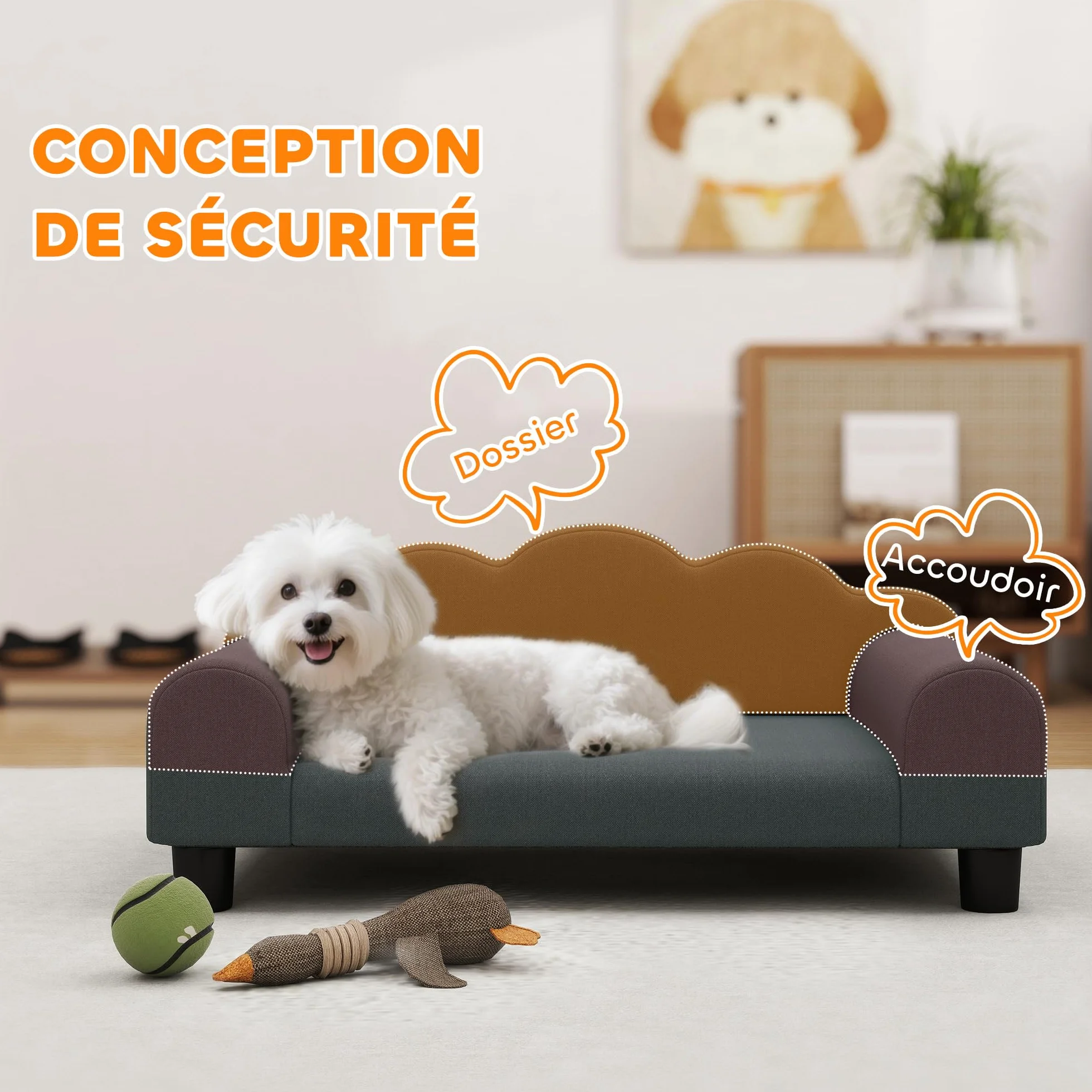 PawHut Canapé pour Chien avec Dossier et Accoudoirs, Respirant, 66 x 42 x 28,5 cm, Gris foncé
