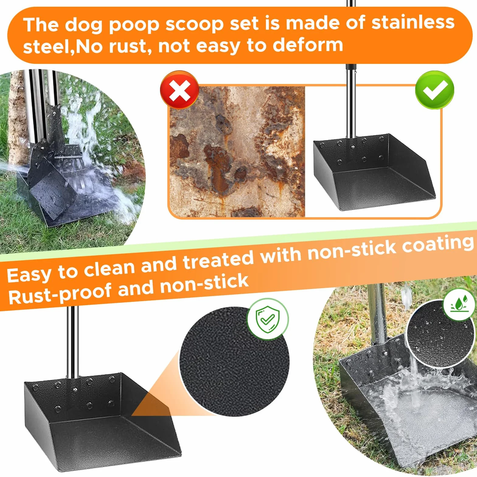 Pelle à Crotte pour Chien, Kit Pelle Ramasse Crotte pour Chien | et Râteau Métal, Pelle à Crottes à Manche Long Réglable, Lot de 3 Pelle à déjections Canines et Râteau en Métal, 96cm de long