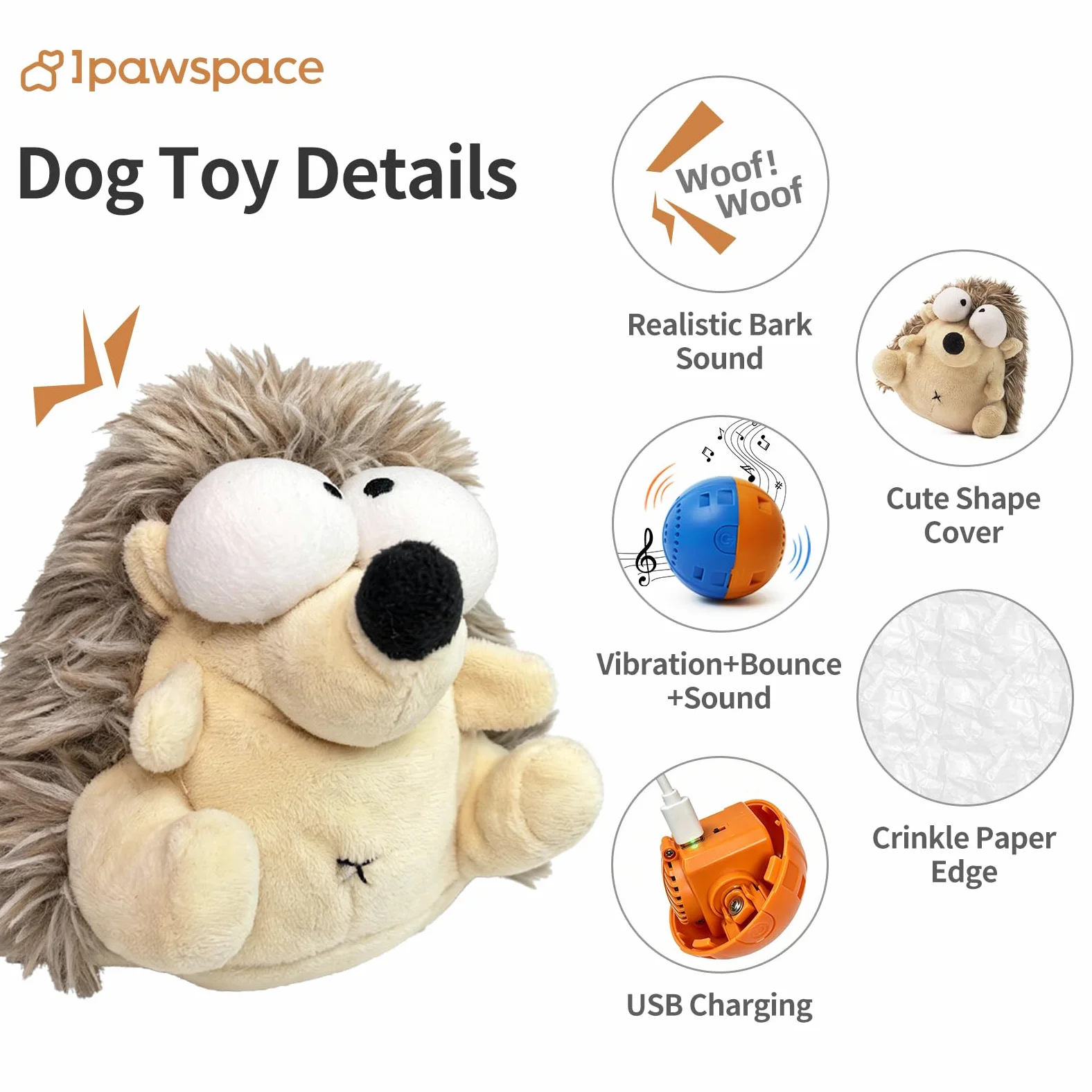 Jouet interactif pour chien, jouet couineur en peluche pour les garder occupés, jeu autonome avec balle vibrante et rebondissante rechargeable pour chiens de petite/moyenne taille - Hérisson
