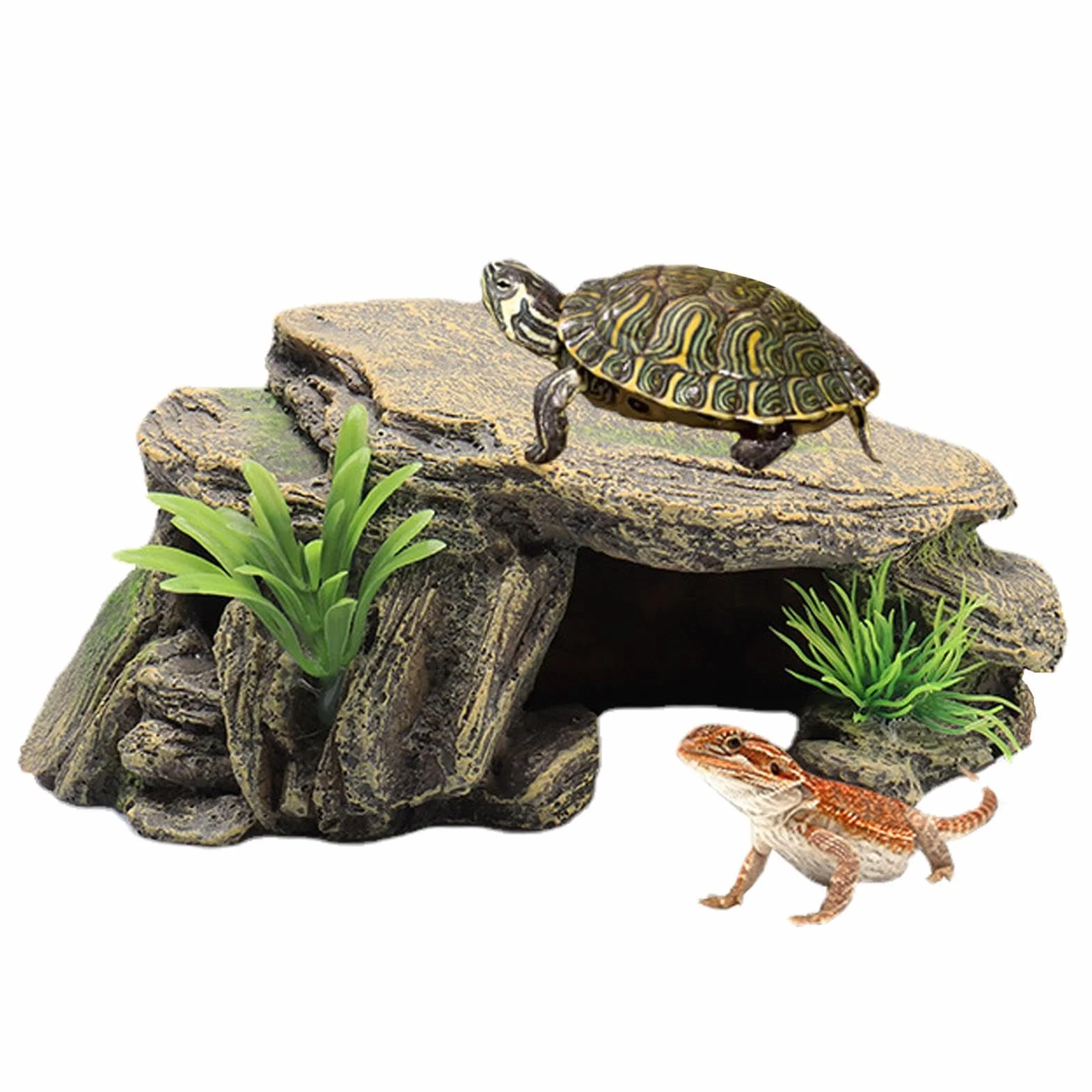 Habitat pour tortues - Grande grotte pour reptiles, rocher décoratif en résine, plateforme de repos pour amphibiens