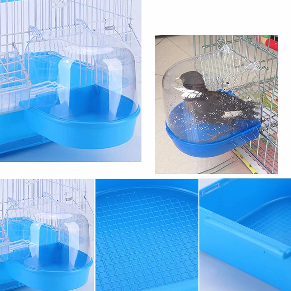 Baignoire pour Oiseaux avec Crochets, Accessoire de Cage pour Bain, 13x13x13.5cm Bleu