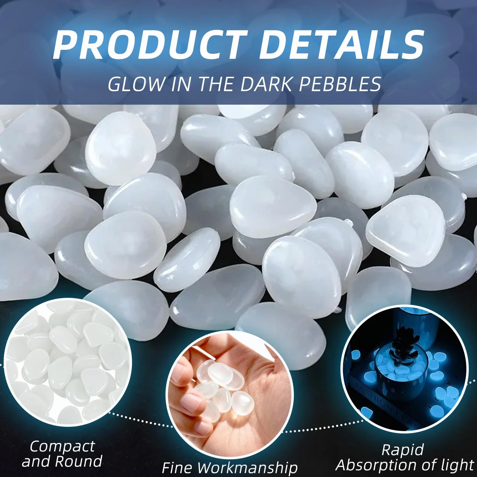 200 Pièces Lumineuses blanches Galets,Lumineux Galets de Jardin et Cailloux Decoratif,Galets Phosphorescents Blancs Phosphorescents,pour la Décoration Extérieure,Terrasse,Pelouse,Aquariums (1cm)