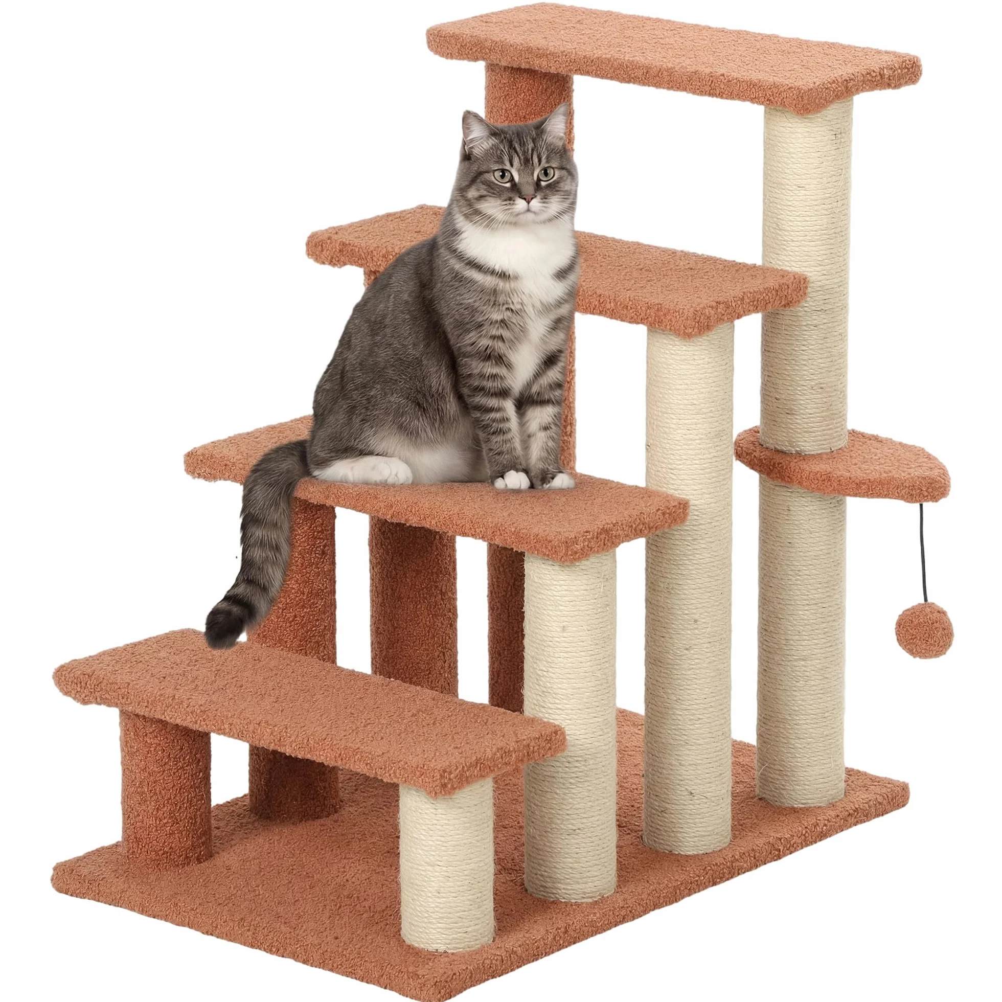 PawHut Escalier pour chats 4 marches avec griffoir balle de jeu pour animaux jusqu'à 5 kg marron 60 x 40