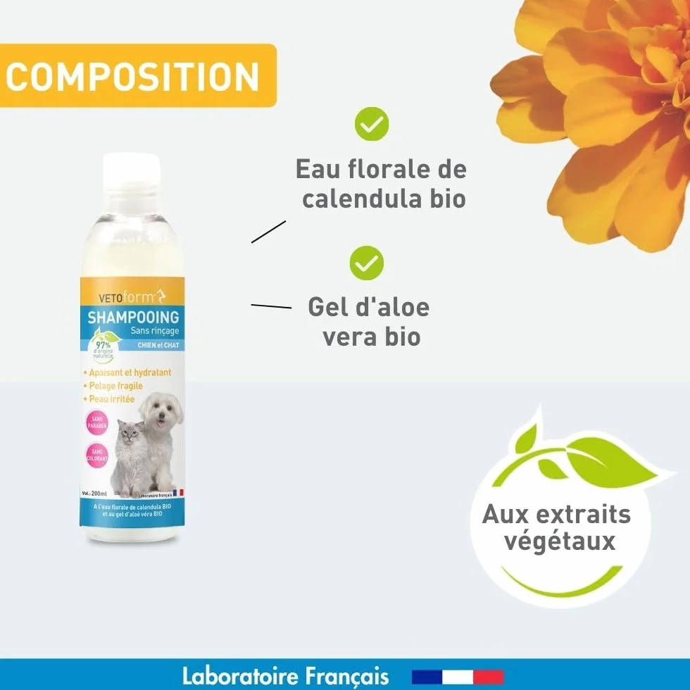 VETOFORM Shampooing sans rinçage Chien Chat Apaisant hydratant 97% Origine Naturelle 200 ML Fabriqué France