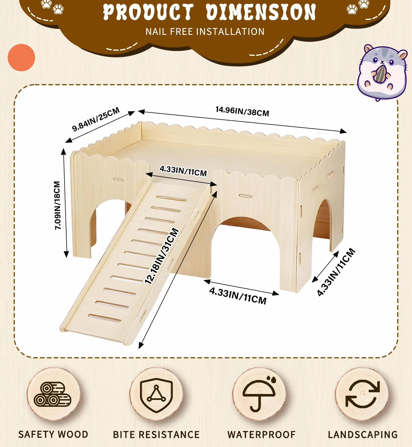 Grande Cabane Cochon d'Inde avec Rampe: Maison Cochon d'Inde avec Rampe 4 Entrées - Accessoires de Jouets pour Cochons d'Inde - Cachette en Bois Petits Animaux de Compagnie, Hamsters Nains (Wood)