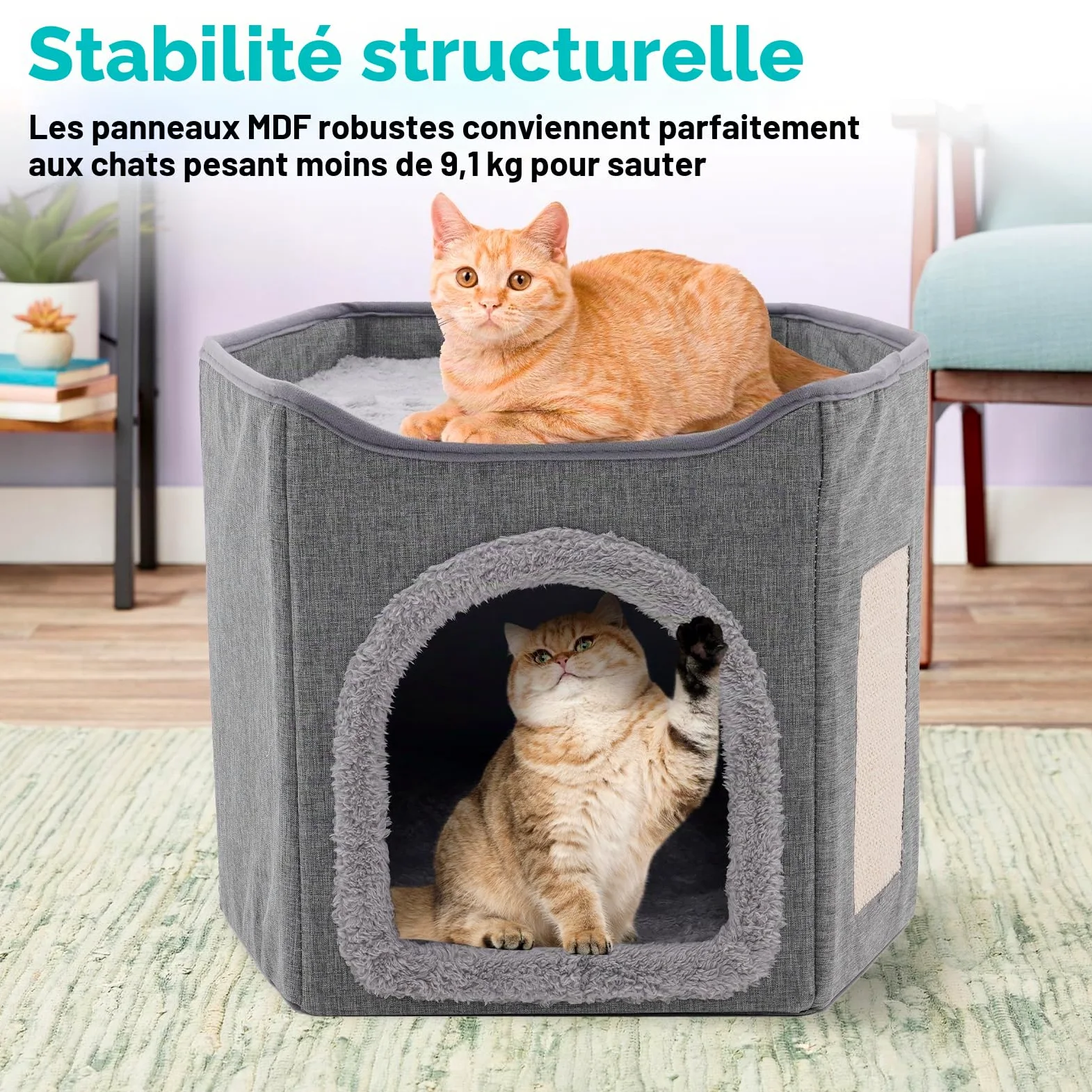 Maison pliable d'intérieur pour grands chats, grande niche pour chat avec griffoir, 2 couches, niche pour animaux de compagnie de petite et moyenne taille, grise