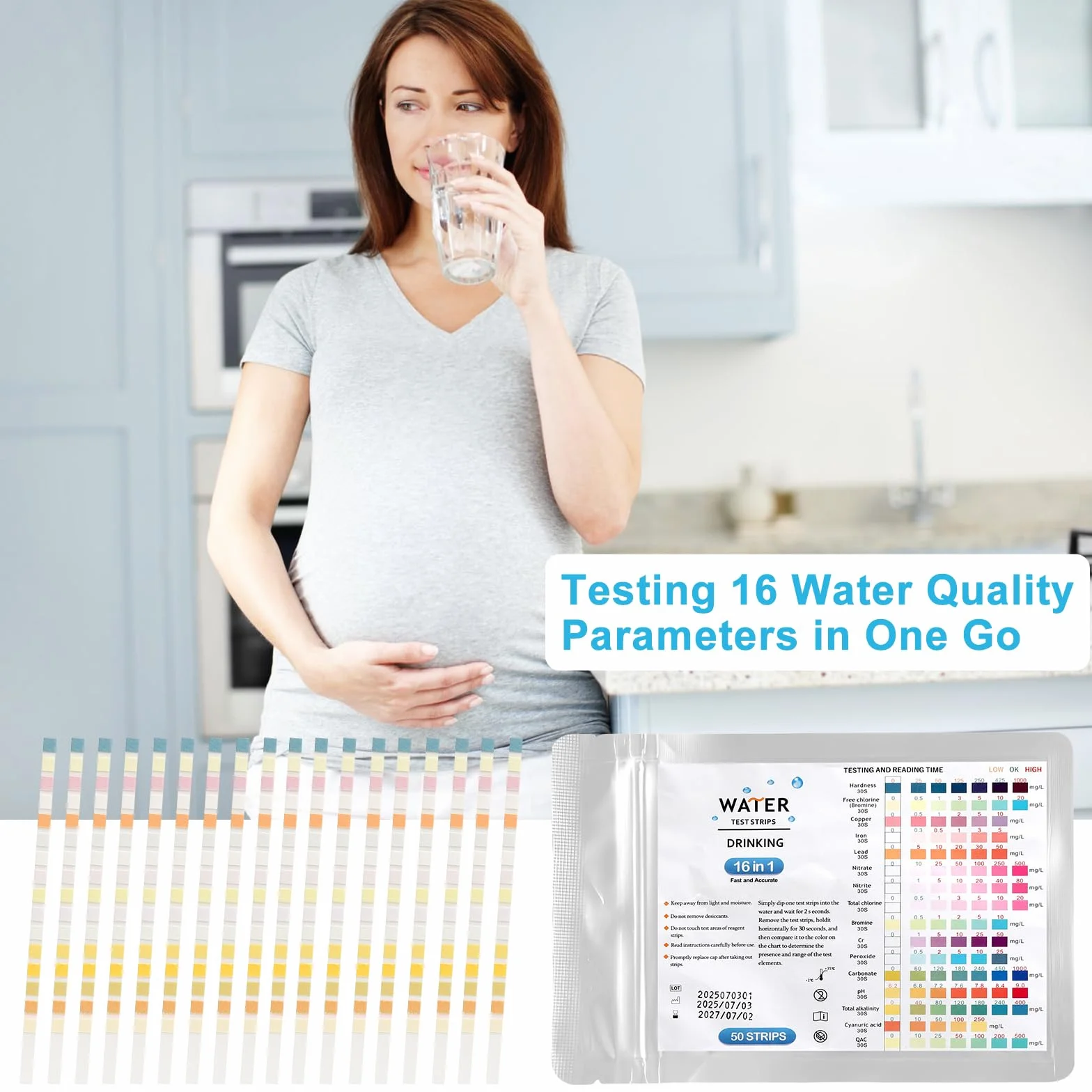 Kit Analyse Eau 16 en 1, 50 Pièces Test Eau Potable, Dureté, PH, Plomb, Fer, Cuivre