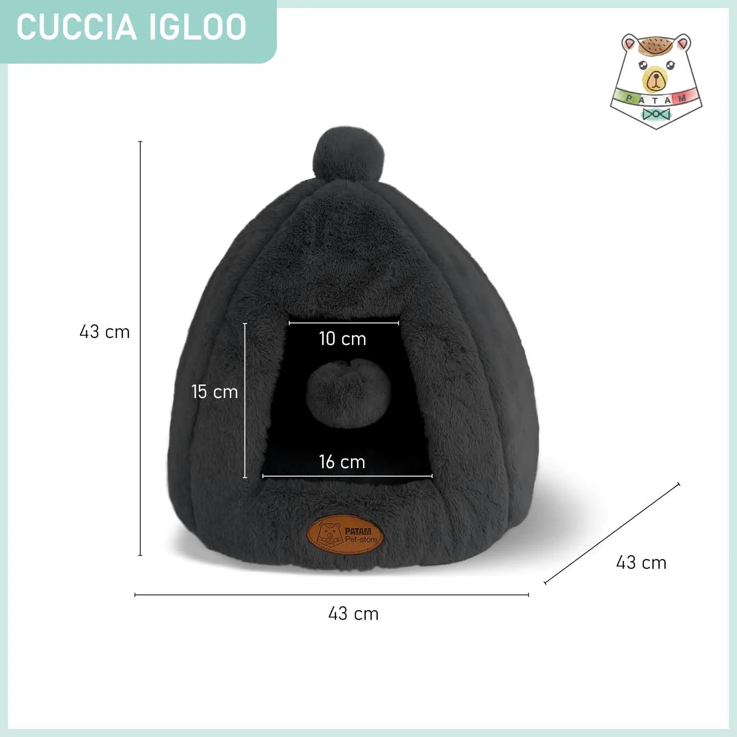 Niche pour Chiens et Chats, antidérapante en Tissu Duveteux Doux, Lavable, Design de Rideau avec Balle de Jeu, 43 x 43 x 43 cm - Igloo Noir