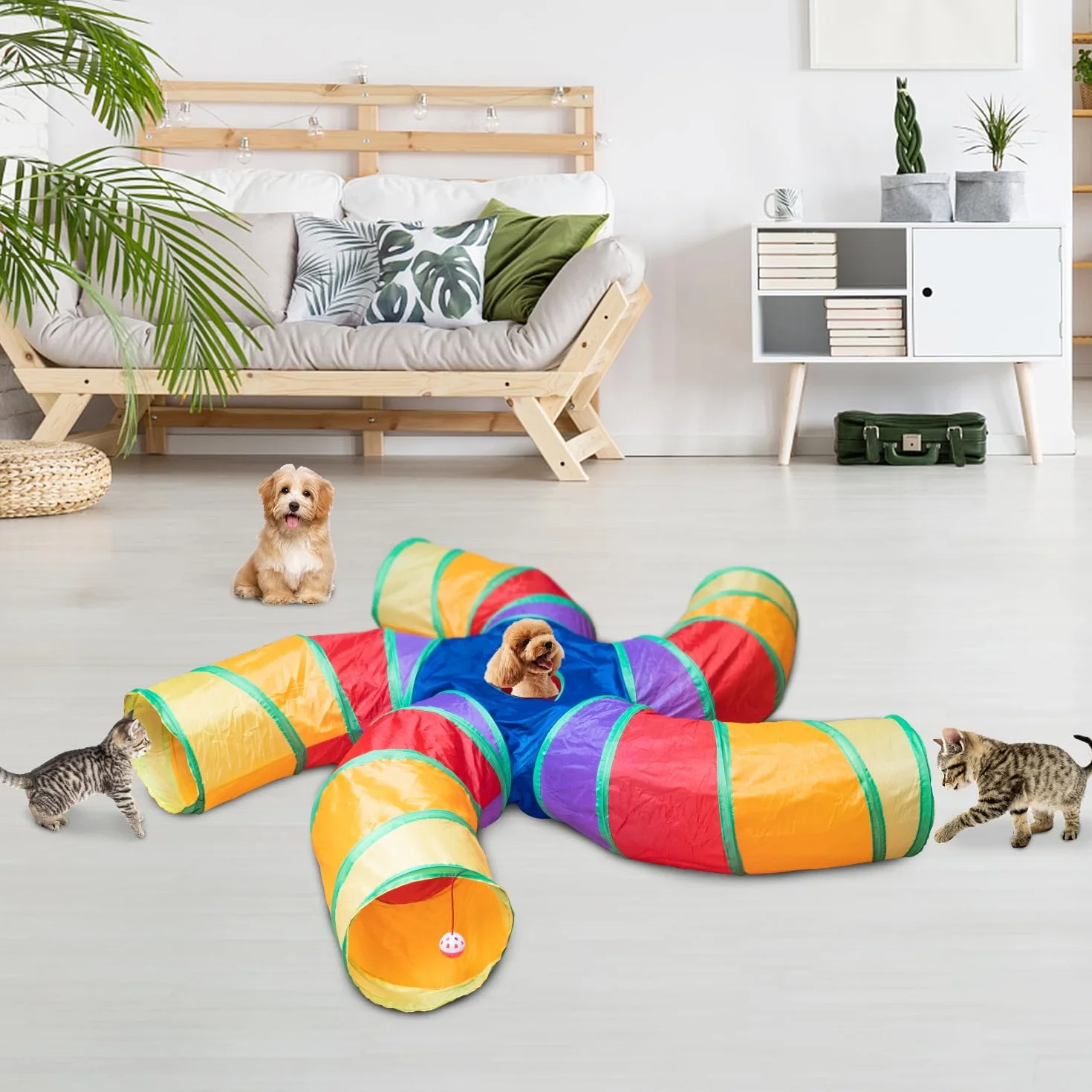 Tunnel de jeu pour chat d'intérieur, grand tunnel à 5 voies et tube pliable avec boule de jeu, tube S avec judas interactif, idéal pour l'exercice des chatons