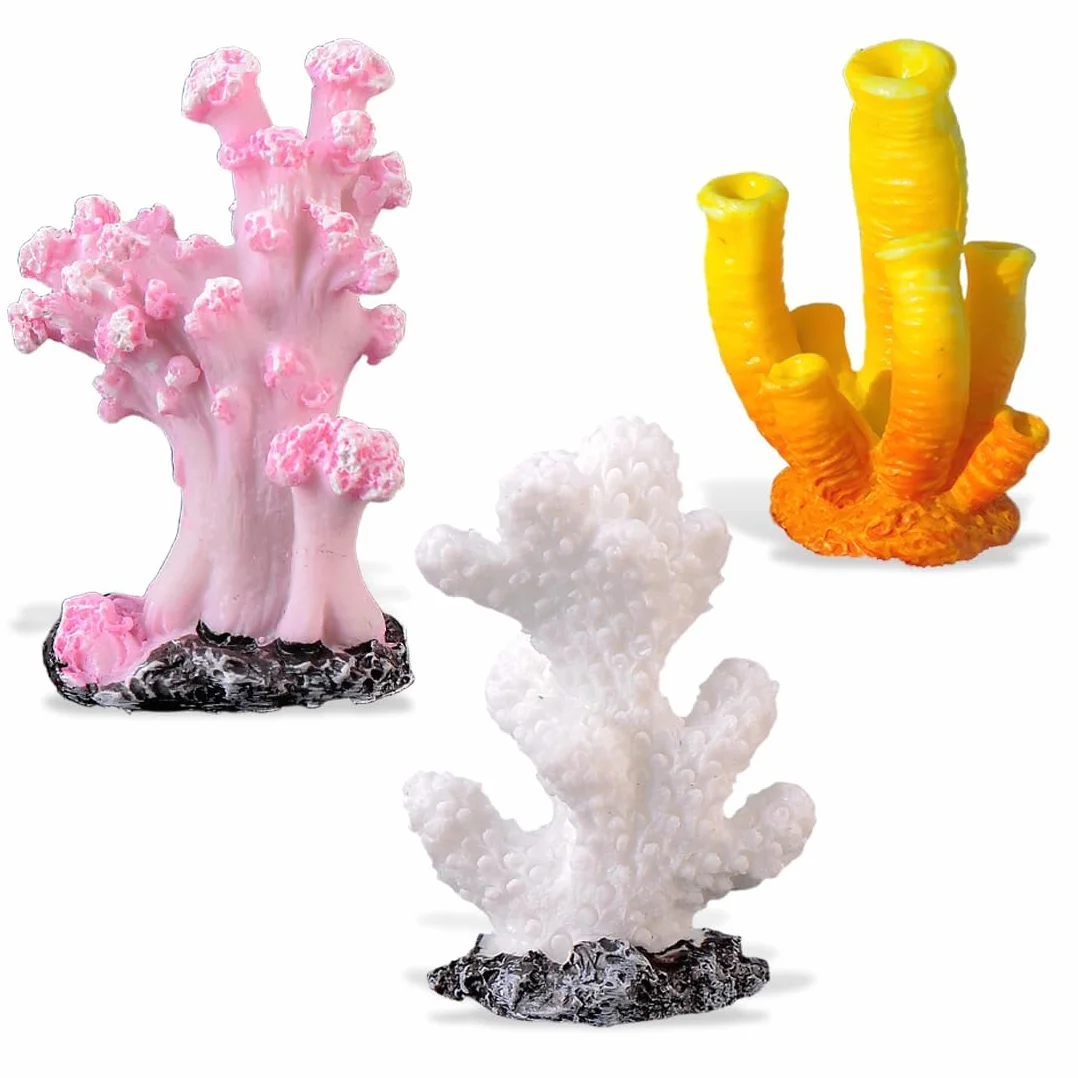Mini Coraux Décoratifs pour Aquarium - Résine Imitation Naturelle - Décoration Fond Marin (Style Récif Corallien) Lot de 3