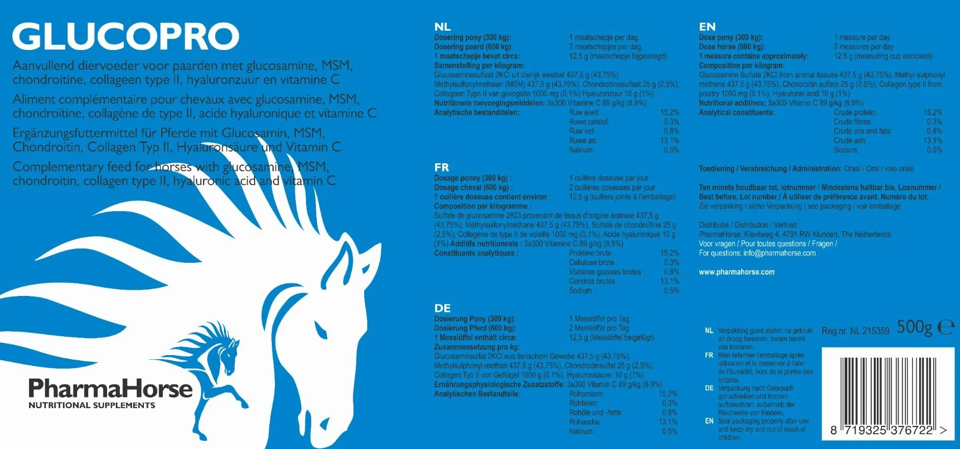 PharmaHorse Glucopro Supplément Cheval MSM Vitamine C Glucosamine Collagène 500g