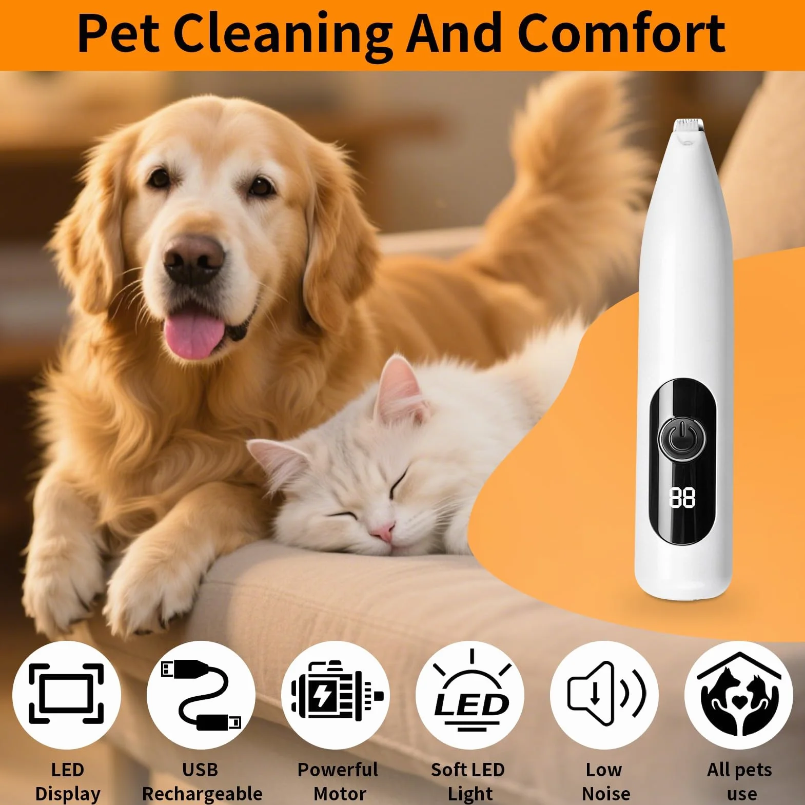 Tondeuse pour chat USB rechargeable avec LED, silencieuse de précision pour pattes oreilles yeux visage