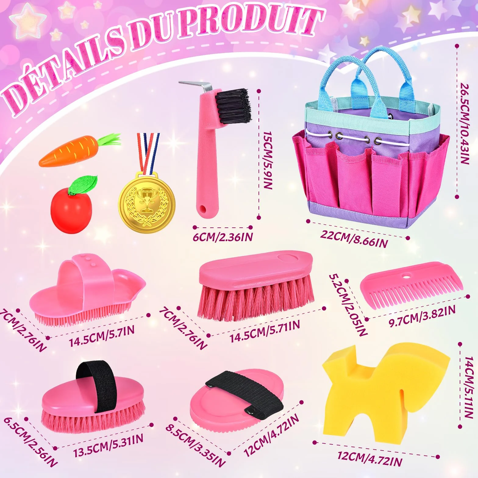 Set de Pansage Cheval Jouet Accessoires Enfants avec Brosse de Massage et Grattoir à Sabot