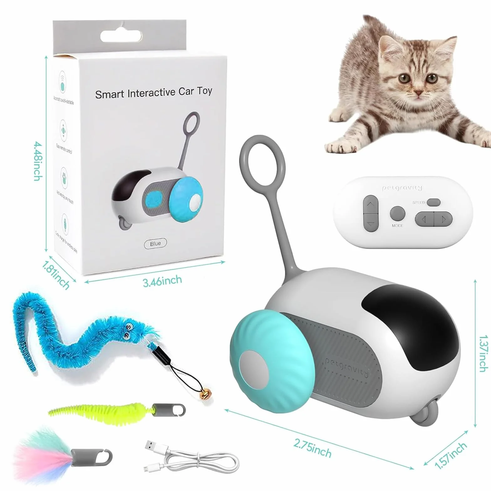 Jouet Interactif Chat Motorisé avec Télécommande Balle Intelligente 2 Modes Rechargeable USB