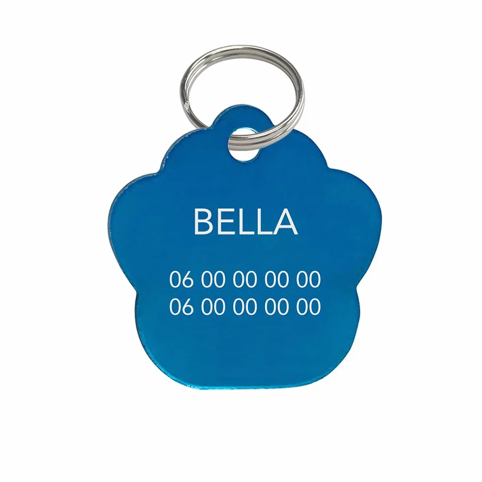 Adzif.biz Le sticker de decoration - Plaque chat personnalisable forme patte en aluminium - Bleu - Aluminium - 26 x 28 mm (2,6 x 2,8 cm)
