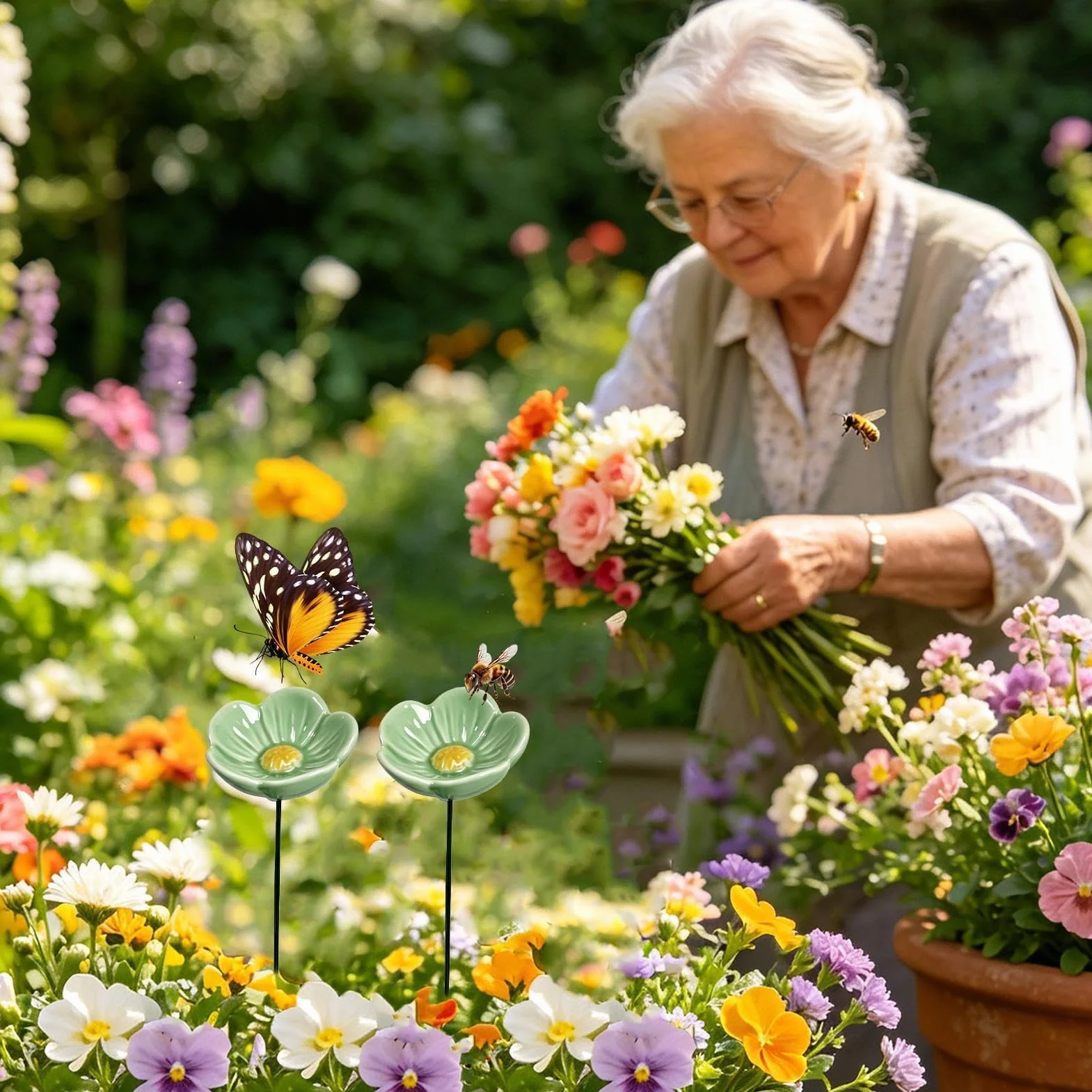 Bol en céramique Station d'Eau pour Abeilles Oiseaux Papillons - Abreuvoir et Mangeoire Jardin Extérieur