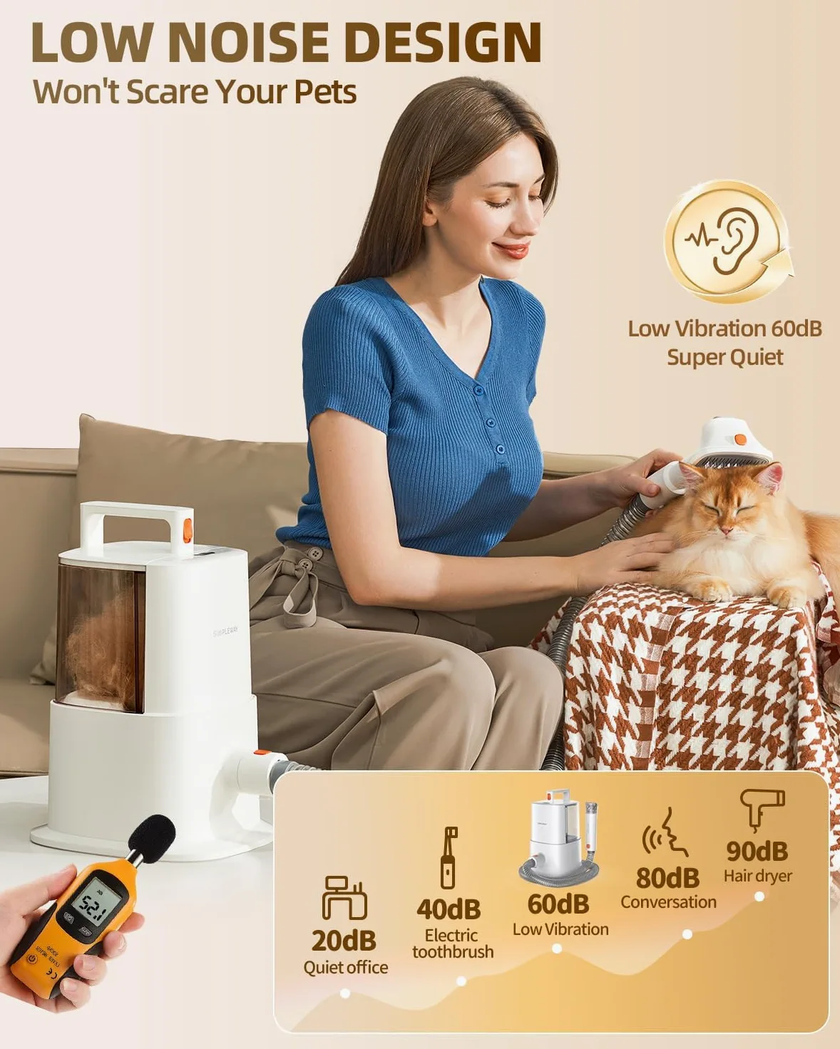 Kit aspirateur de toilettage pour chiens et chats à poils longs avec aspirateur silencieux et poubelle de grande capacité pour chiens et chats à poils longs avec 6 accessoires (ivoire)