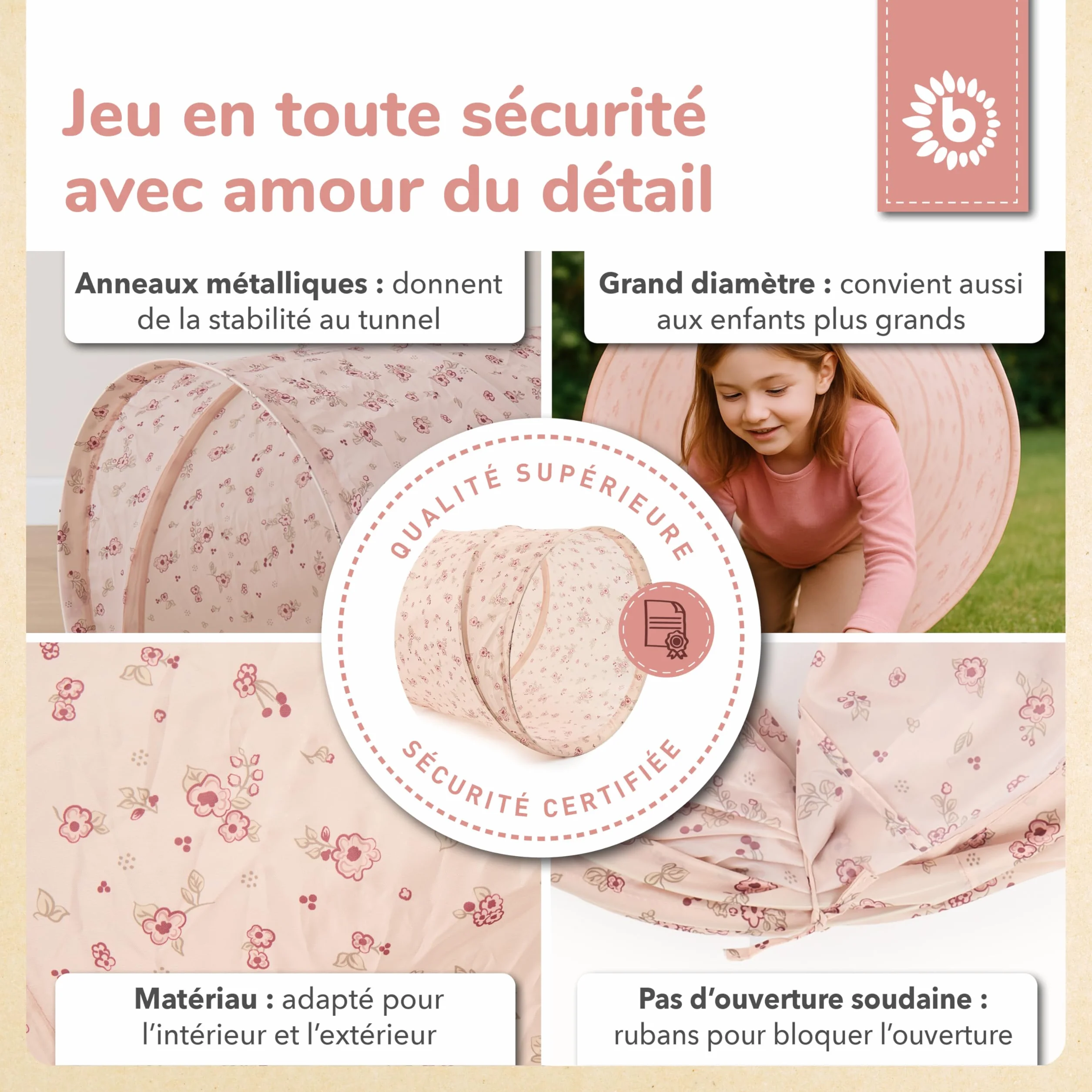 Bieco Tunnel Enfant XXL Dreamy Flowers | 180 x 46 cm | Jeux Exterieur Enfant 1 Ans