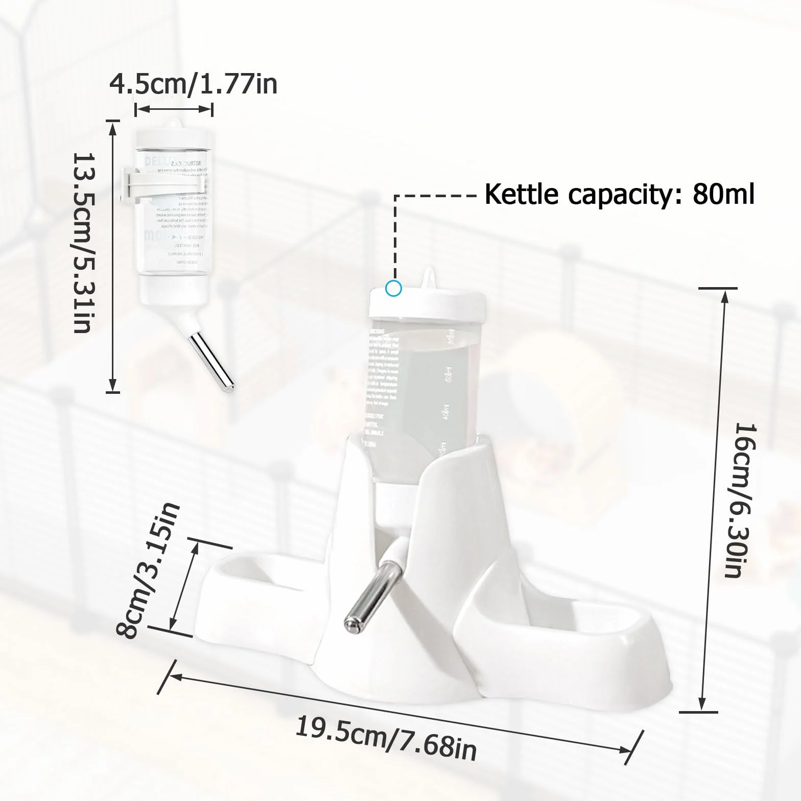 Bouteille d'Eau pour Hamster 80 ML Blanche, Distributeur Automatique 3 en 1 avec Double Bol et Support, sans Fuite