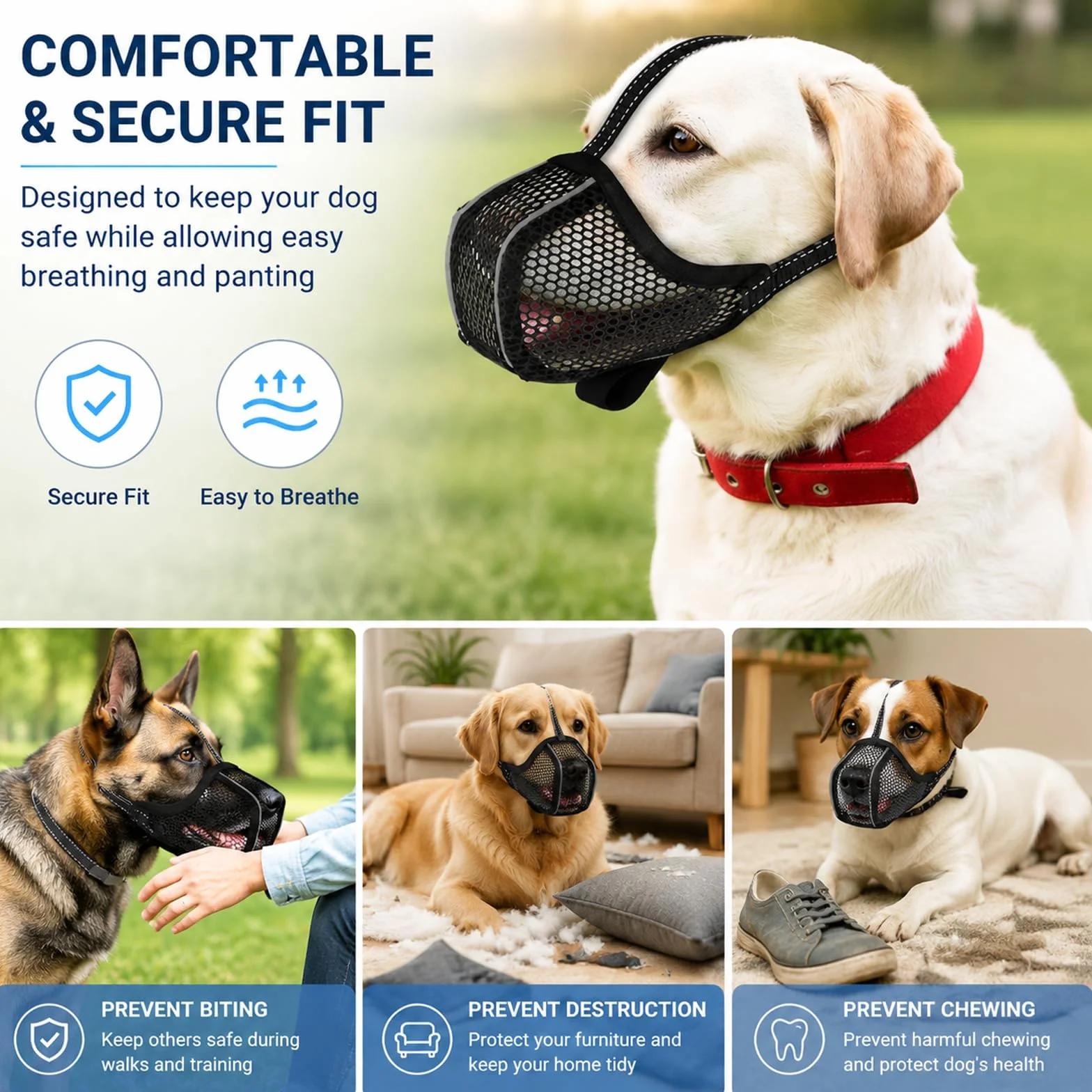 Muselière pour Chien, Respirante, réglable, Anti-Fress, réfléchissante, Protection légère, pour Chiens de Petite, Moyenne et Grande Taille, Panier de Dentition, en Maille, Noire, Taille (S)
