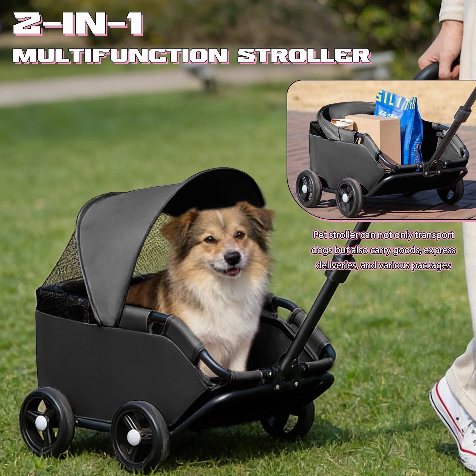 Chariot Pliable pour Chien 4 Roues avec Barre Pivotante 360° Poussette pour Chat Visière Solaire Tissu Oxford 600D Noir