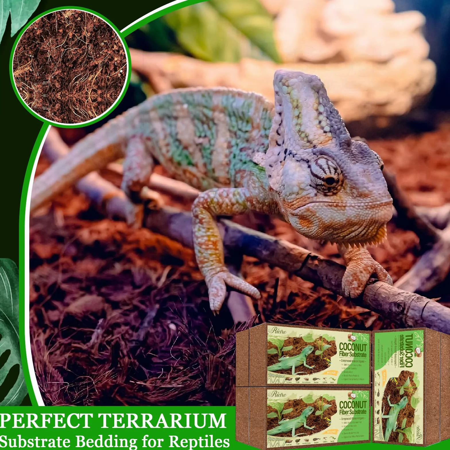 Riare Substrat Naturel en Fibre de Coco pour Reptile - Literie de Terrarium en enveloppe de Noix de Coco compressée de qualité supérieure pour Reptiles, Tortues, Grenouilles, Serpents (6)