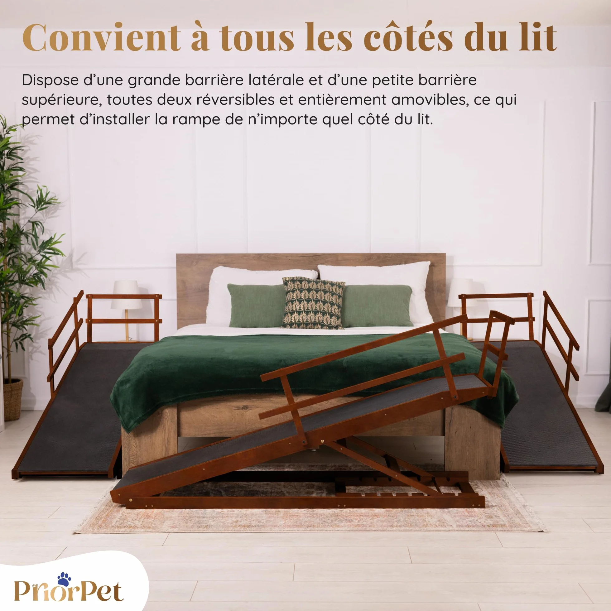 Rampe pour Chien Grande Taille avec Barrières de Sécurité, Pliable, Antidérapante, Bois de Bouleau, Noix, jusqu'à 94,5 cm, 90 kg