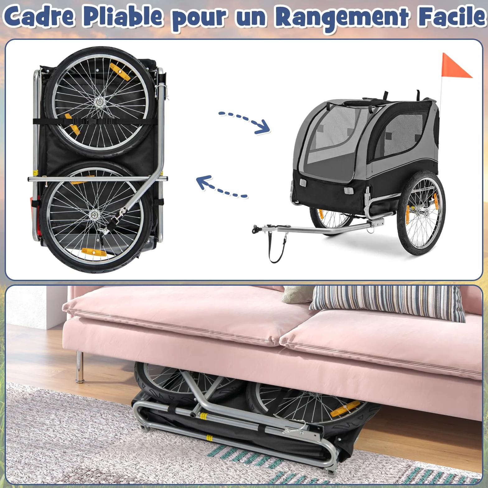 GOPLUS Remorque de Vélo pour Chien, Chariot Pliable, Charge Max. 40 kg, Gris