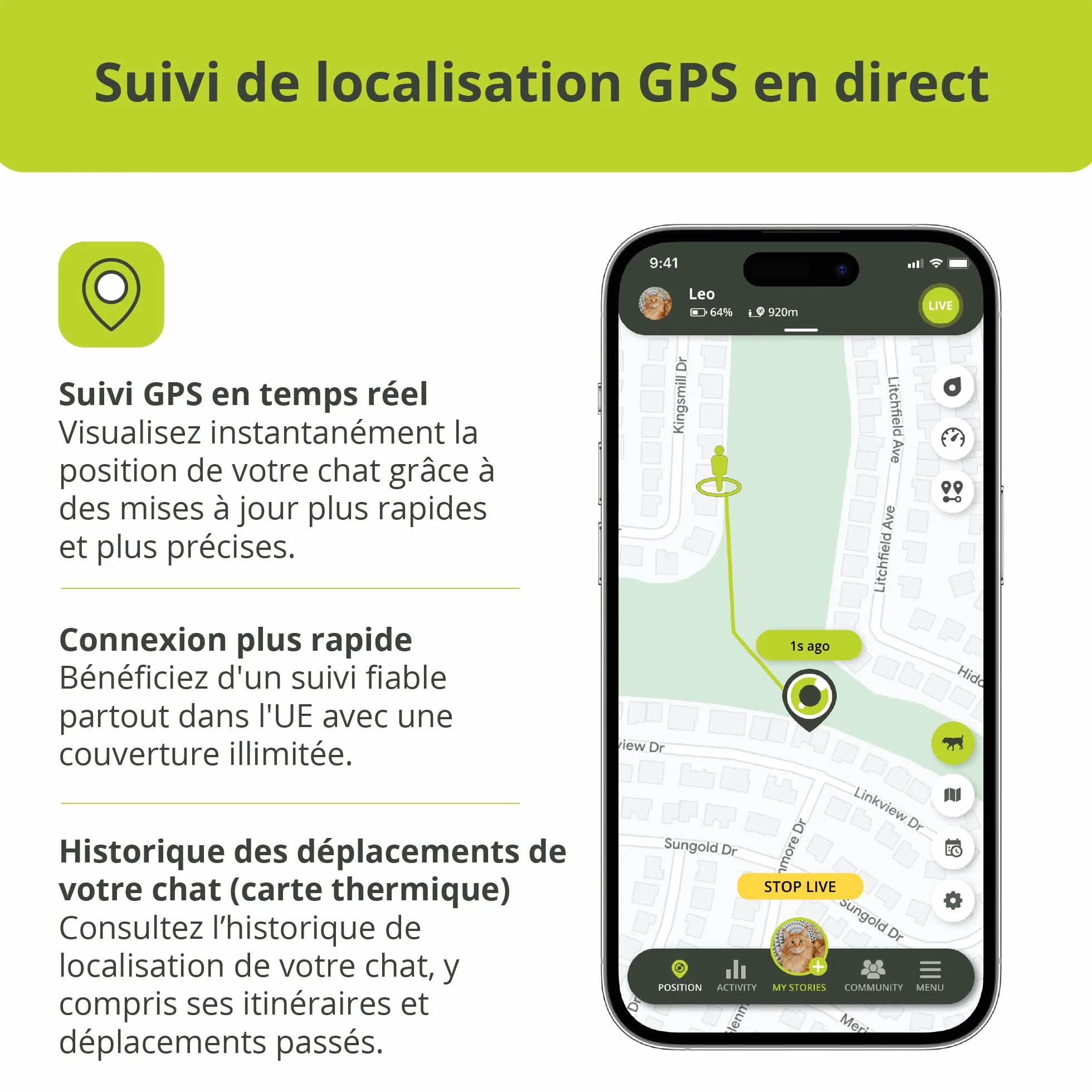 Kippy Cat V2 Collier GPS Chat Localisateur Tracker Santé Activité Anti-Étranglement Frontières Virtuelles Suivi Temps Réel