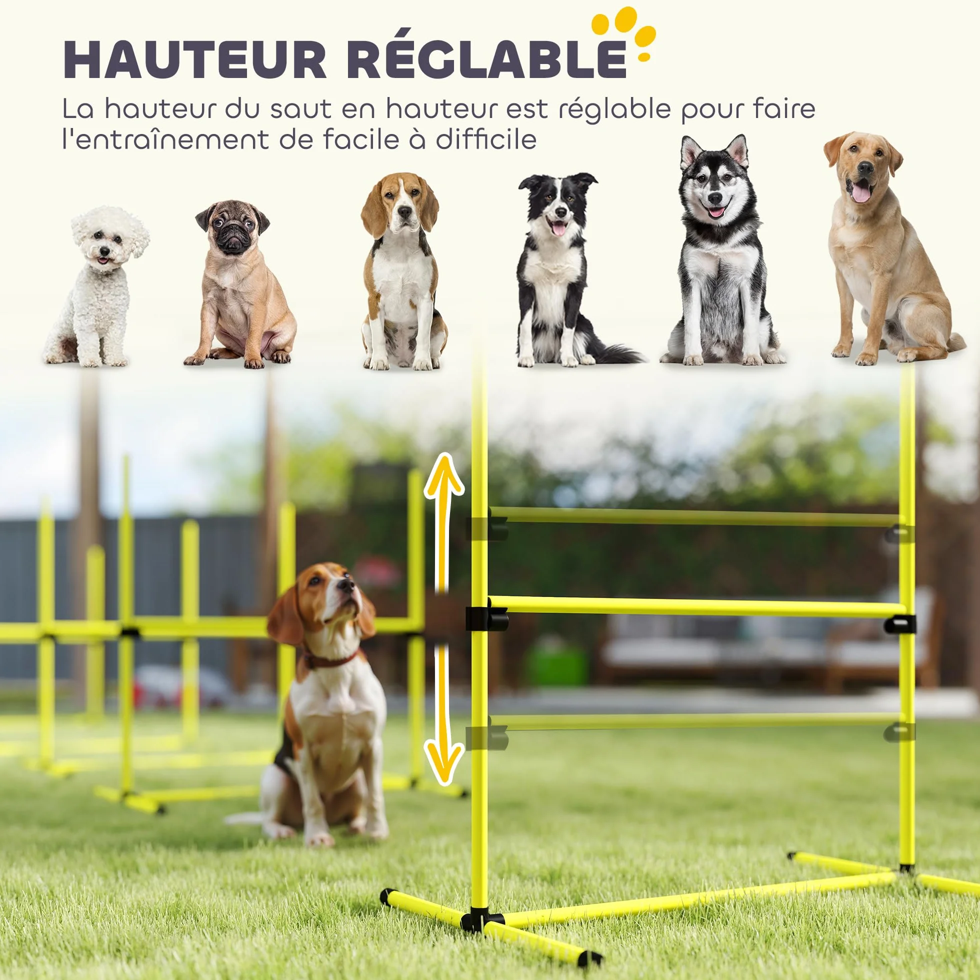 PawHut Kit Agility pour Chiens, 4 Obstacles Professionnels Hauteur Réglable, Parcours Entraînement Jaune
