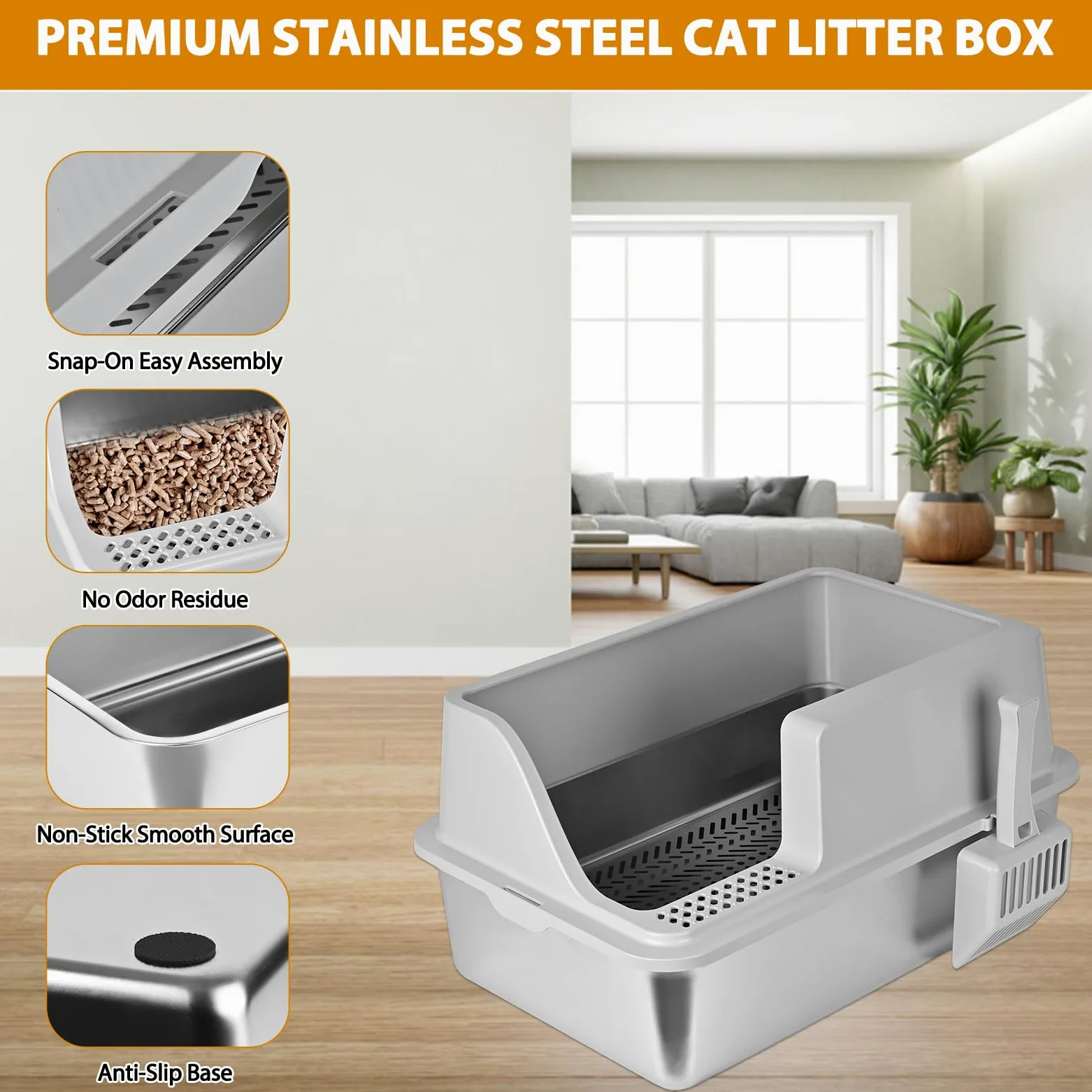 Homegroove Litière pour chat en acier inoxydable pour granulés de pin - 60 x 40 x 15 cm - Bord haut - Litière en métal avec couvercle - Pelle en plastique et 10 tampons d'urine (15,2 cm)