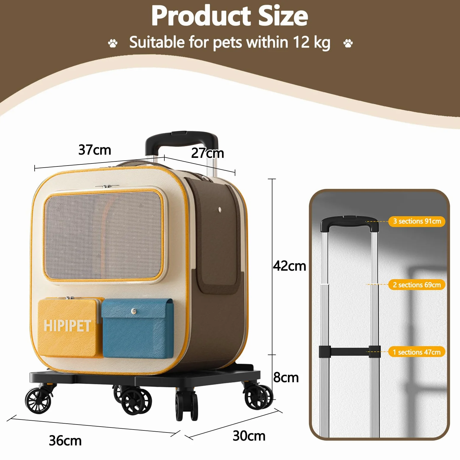 Galatée Sac à dos confortable avec roulettes pour animal de compagnie - Sac à dos confortable pour chat - Roues roulantes amovibles - Sac à dos à roulettes pour animal domestique - Idéal pour les