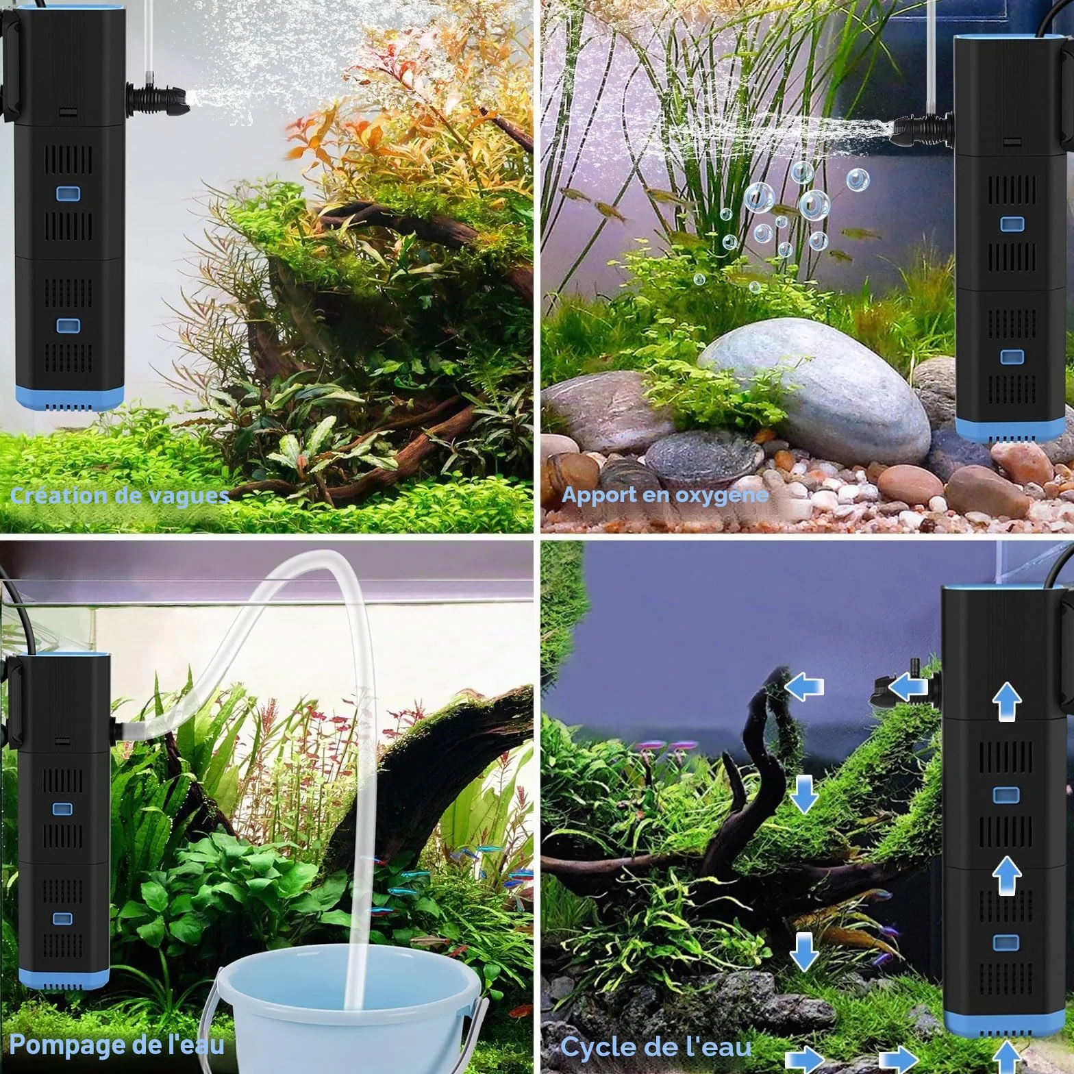 fishkeeper Filtre d'aquarium intérieur réglable 500L/H 6W 4 en 1 Pompe oxygène Machine à Ondes