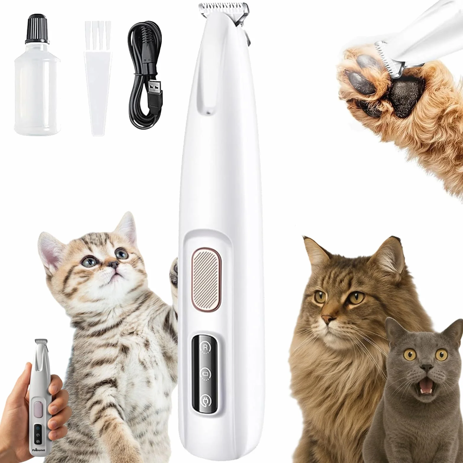 Tondeuse de Précision pour Chat et Chien Silencieuse avec Lames Céramique et Inox, Étanche, USB-C