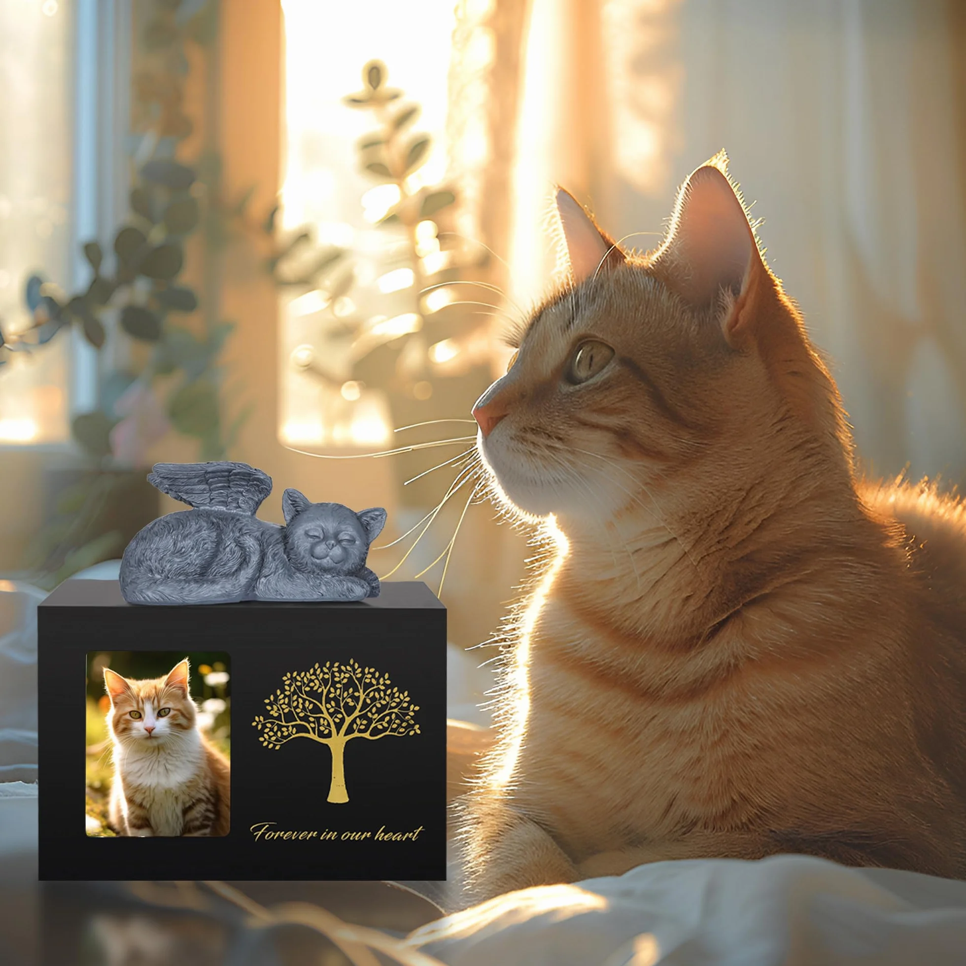 Urne pour chat en bois avec statue de chat en résine et pochette en velours