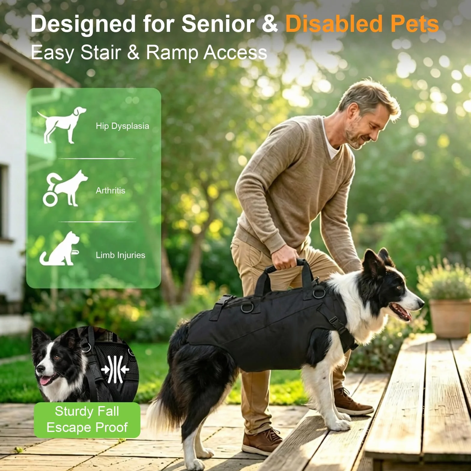Grand Transport Chien Corps Entier Sac à Dos Bandoulière Réglable Poignée Commande 3 Méthodes Porte Chien 15KG Soutien Chiens Âgés Blessés