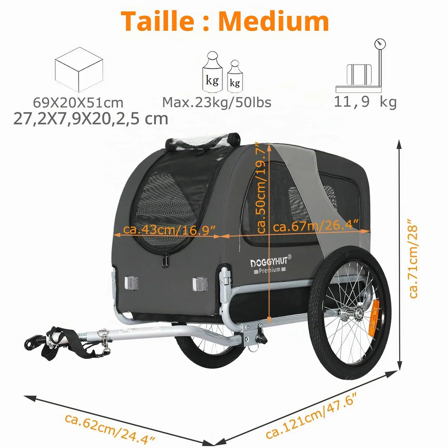 DOGGYHUT Remorque de vélo pliable pour chien 23 kg