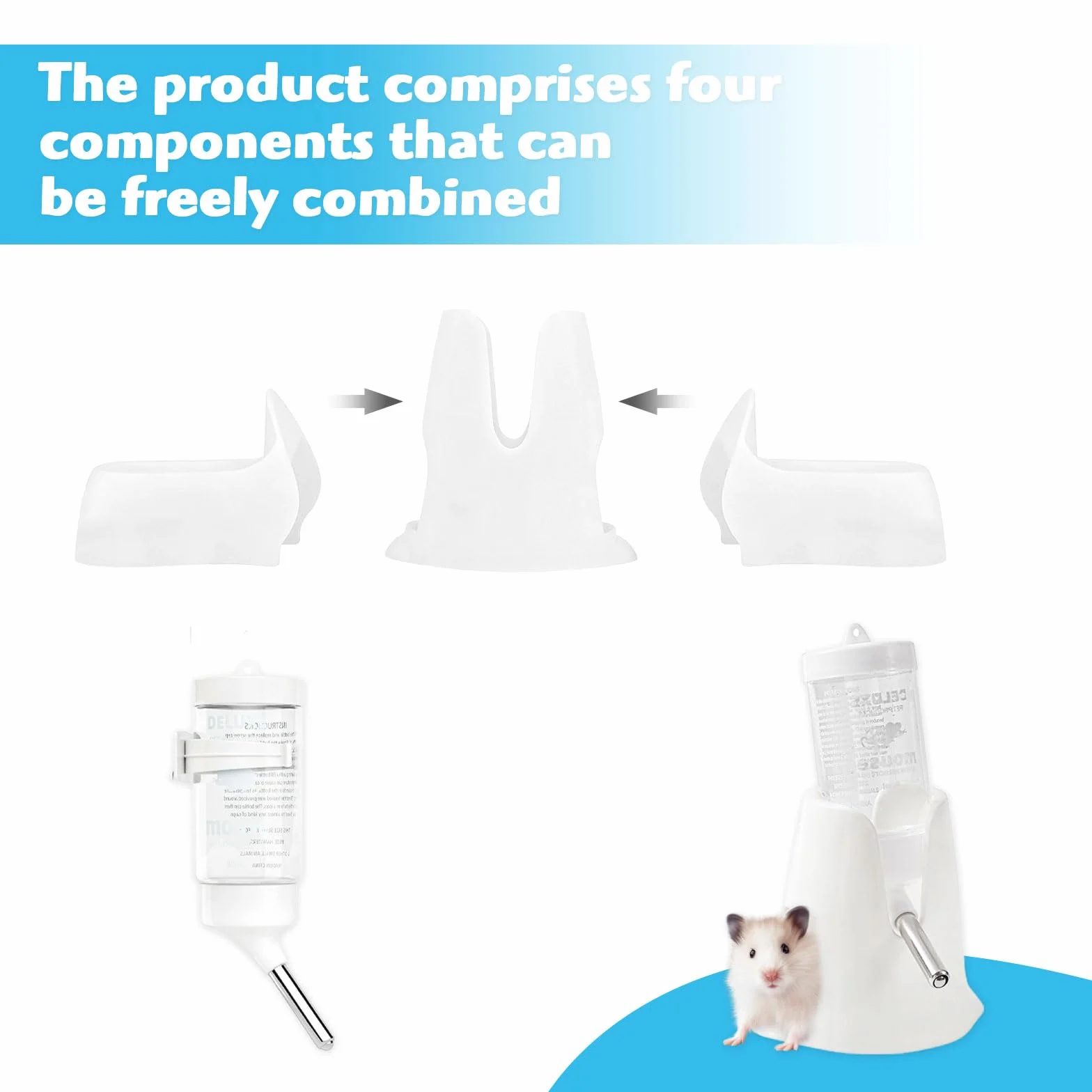 Bouteille d'Eau pour Hamster 80 ML Blanche, Distributeur Automatique 3 en 1 avec Double Bol et Support, sans Fuite