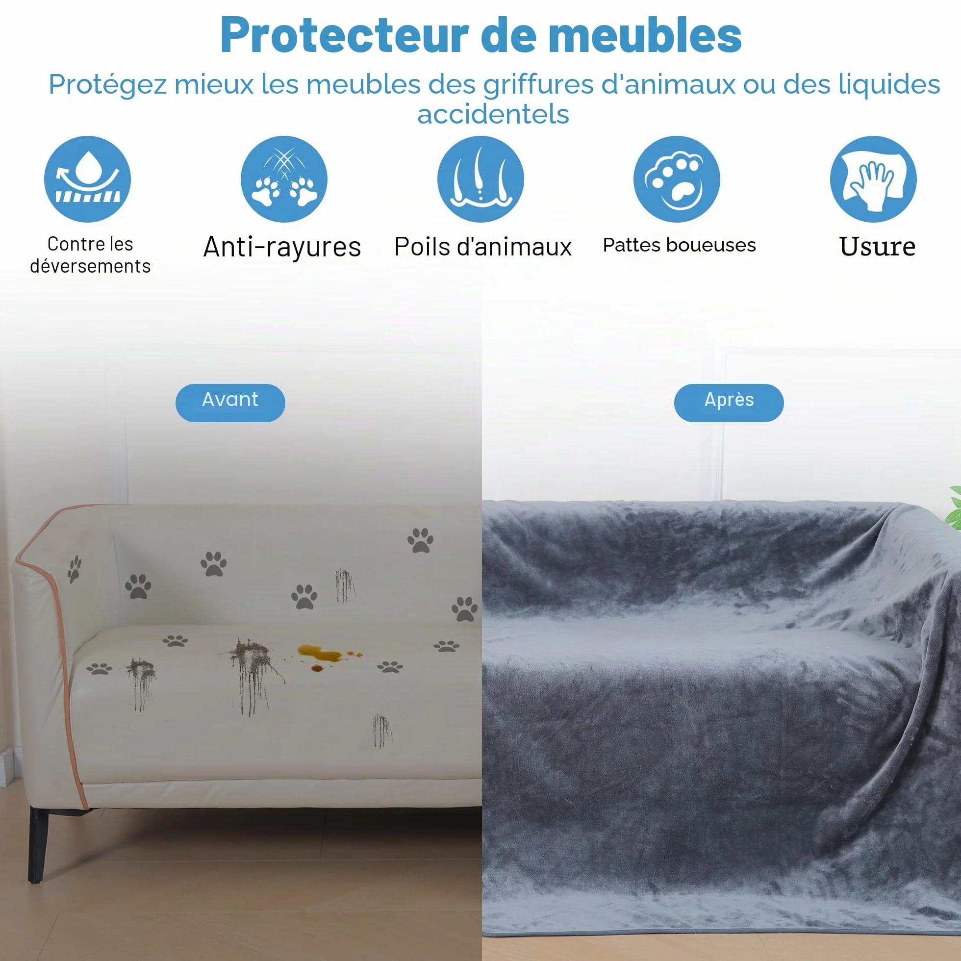 Couverture Imperméable pour Chien 152x203 cm, Plaid en Flanelle Lavable Antidérapant Protecteur de Meubles