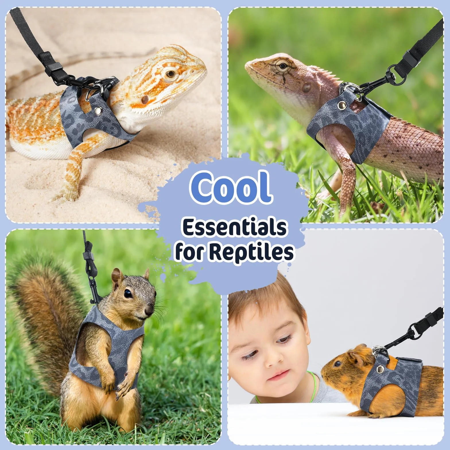 Pawaboo 3 Pack Harnais de Dragon Bardu Laisse Réglable de Lézard, Harnais de Reptile, S&M&L, Bleu Poussière