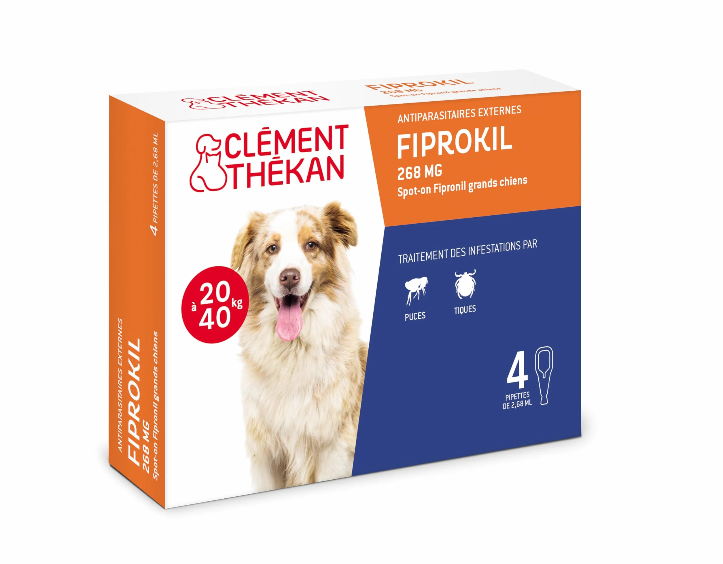 Clément Thékan - Anti-puces et anti-tiques pour grands chiens de 20 à 40 kg - 4 pipettes - Solution pour Spot-on Fiprokil 268 mg