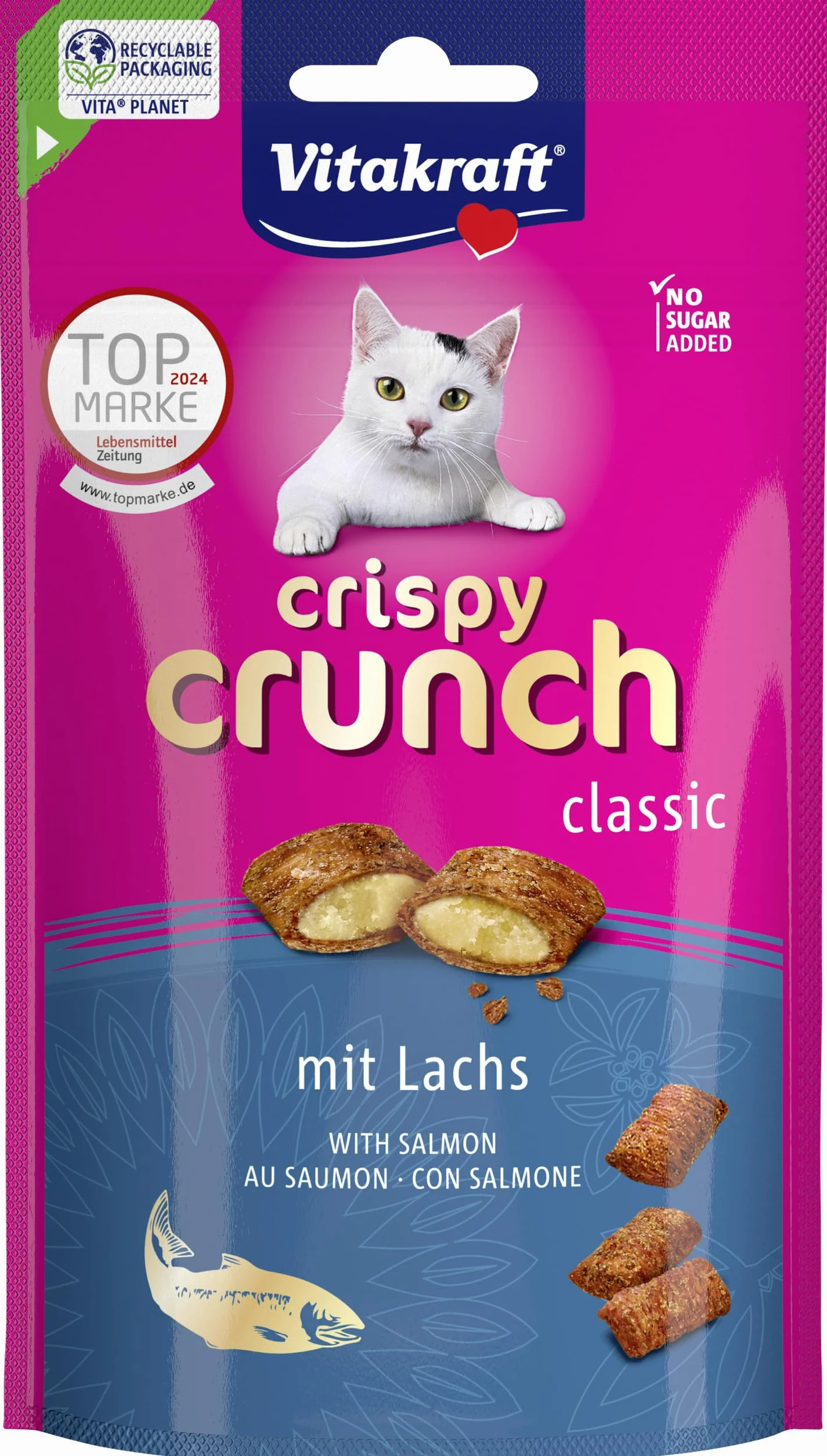 VITAKRAFT- Crispy Crunch Classic, Friandises pour Chats, Snack Croustillant Au Saumon, en Sachet Refermable, sans Sucres Ajoutés (1X 60G)