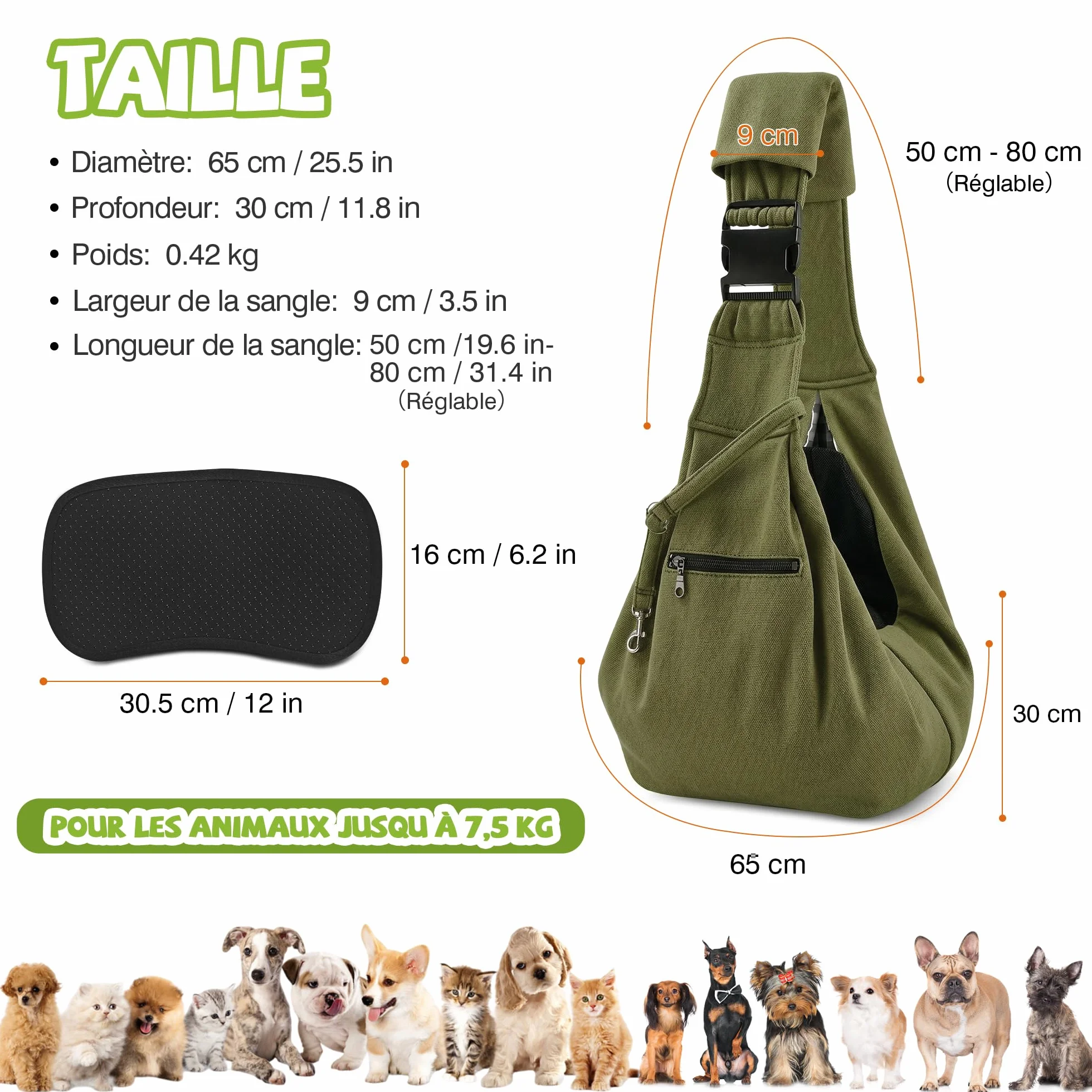 ALLSOPETS Sac de Transport Chien Chat, Sac Bandoulière Respirant pour Petit Chien avec Crochet de Sécurité, Vert Olive