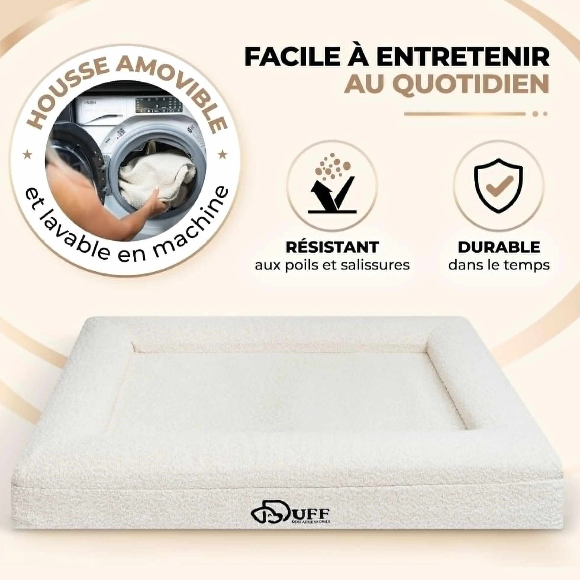 Duff® Lit Orthopédique Chien Grande Taille L (115x90 cm) – Matelas Mémoire de Forme Haute Densité – Tissu Bouclette Premium, Housse Lavable – Confort Durable & Élégant